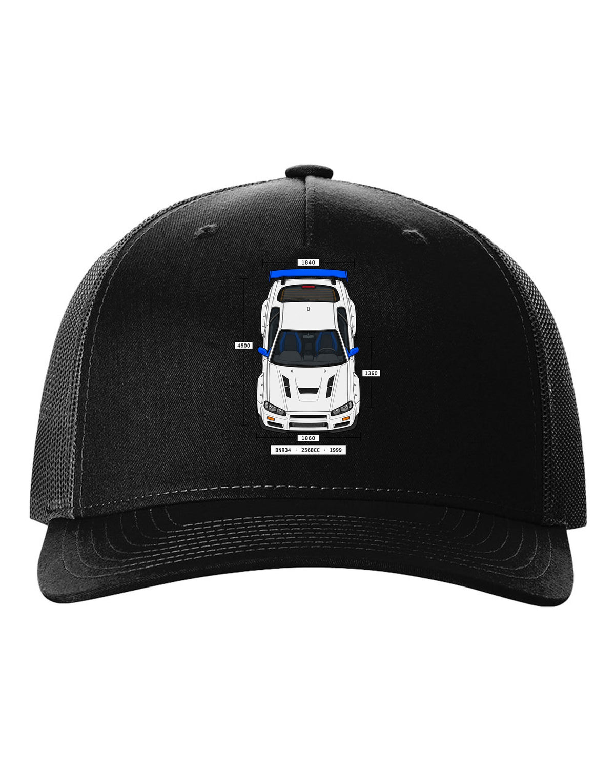 Spec-sheet data plate print reading BNR34 2568cc 1999 for the Nissan Skyline GT-R R34 black hat front view with the design