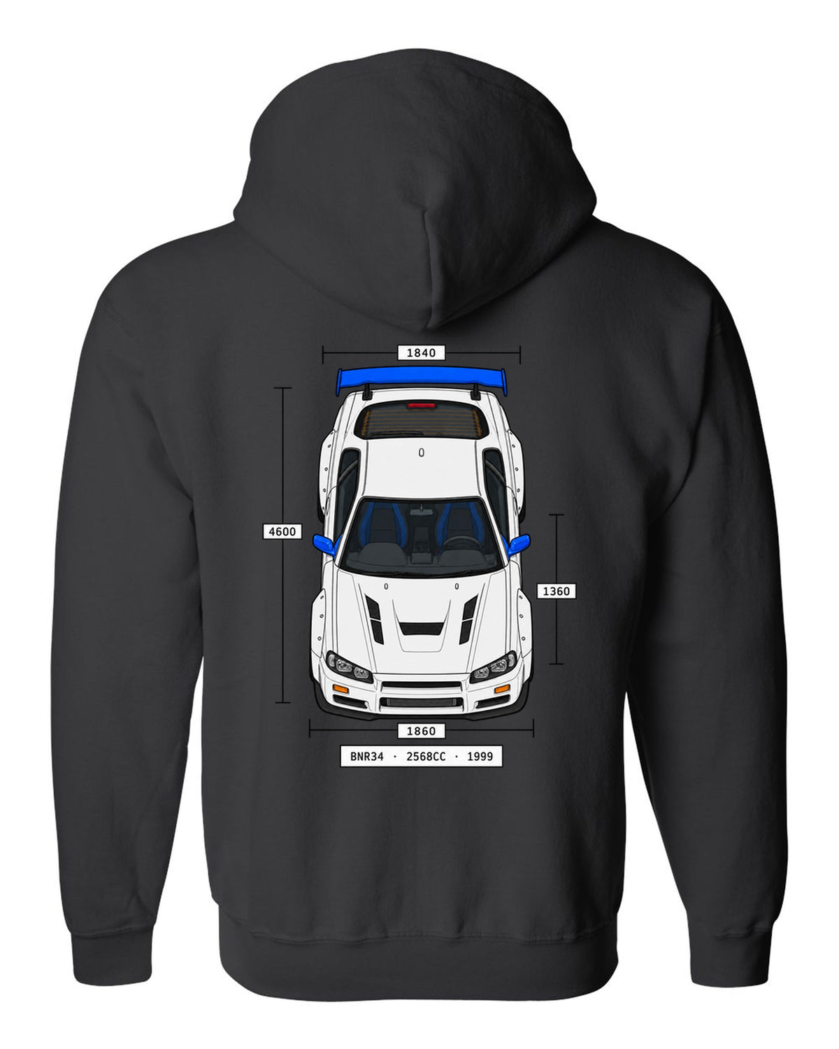 Spec-sheet data plate print reading BNR34 2568cc 1999 for the Nissan Skyline GT-R R34 black zip hoodie back view with the design