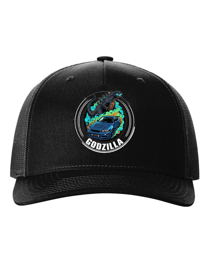 Nissan GT-R R34 Godzilla black trucker hat front view with the design