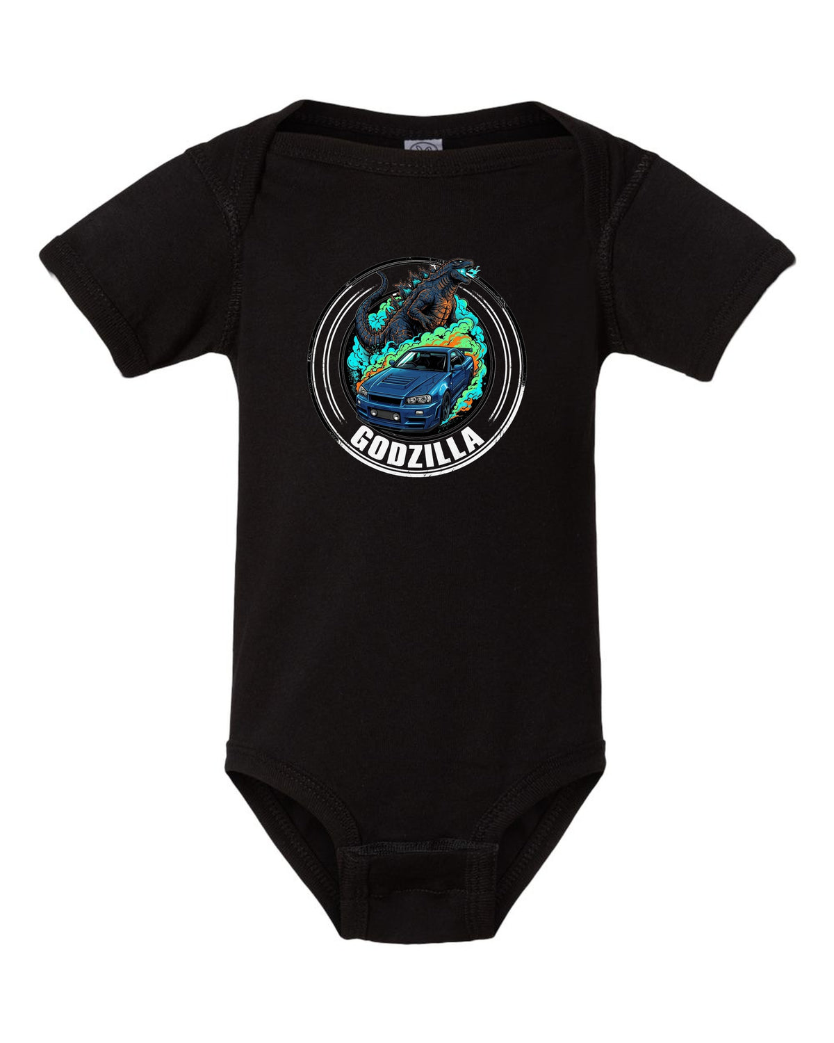 Nissan GT-R R34 Godzilla black baby onesie front view with the design
