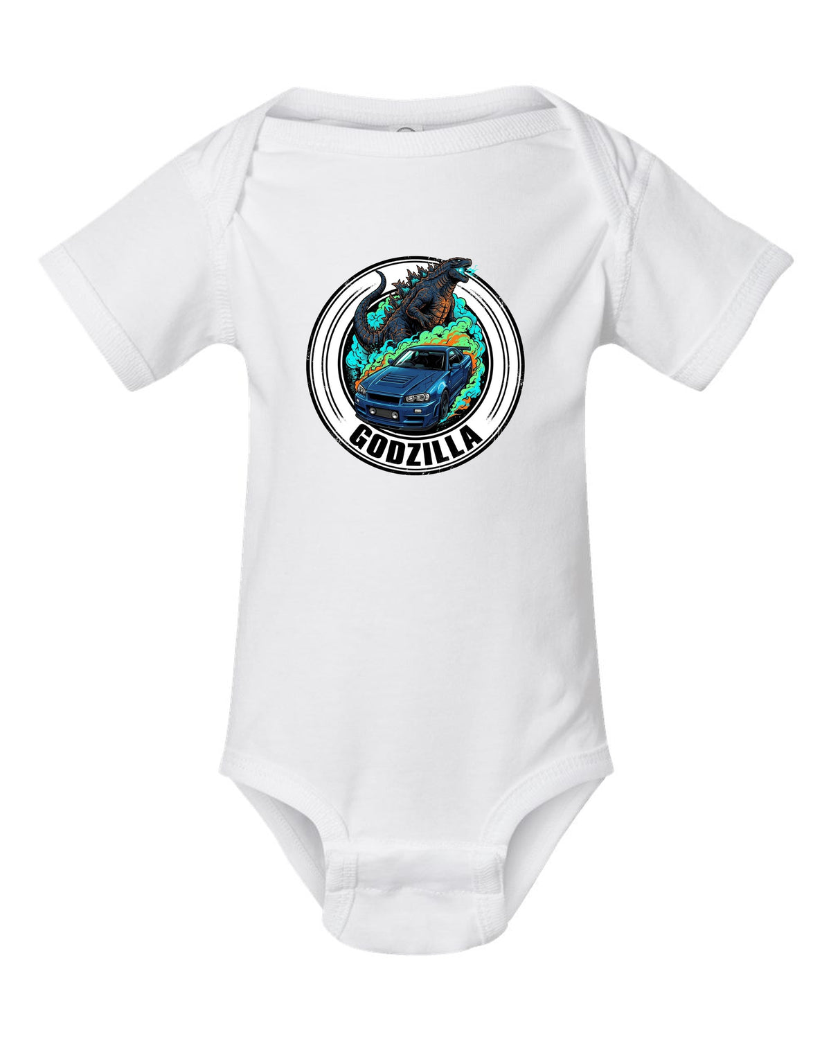 Nissan GT-R R34 Godzilla white baby onesie front view with the design