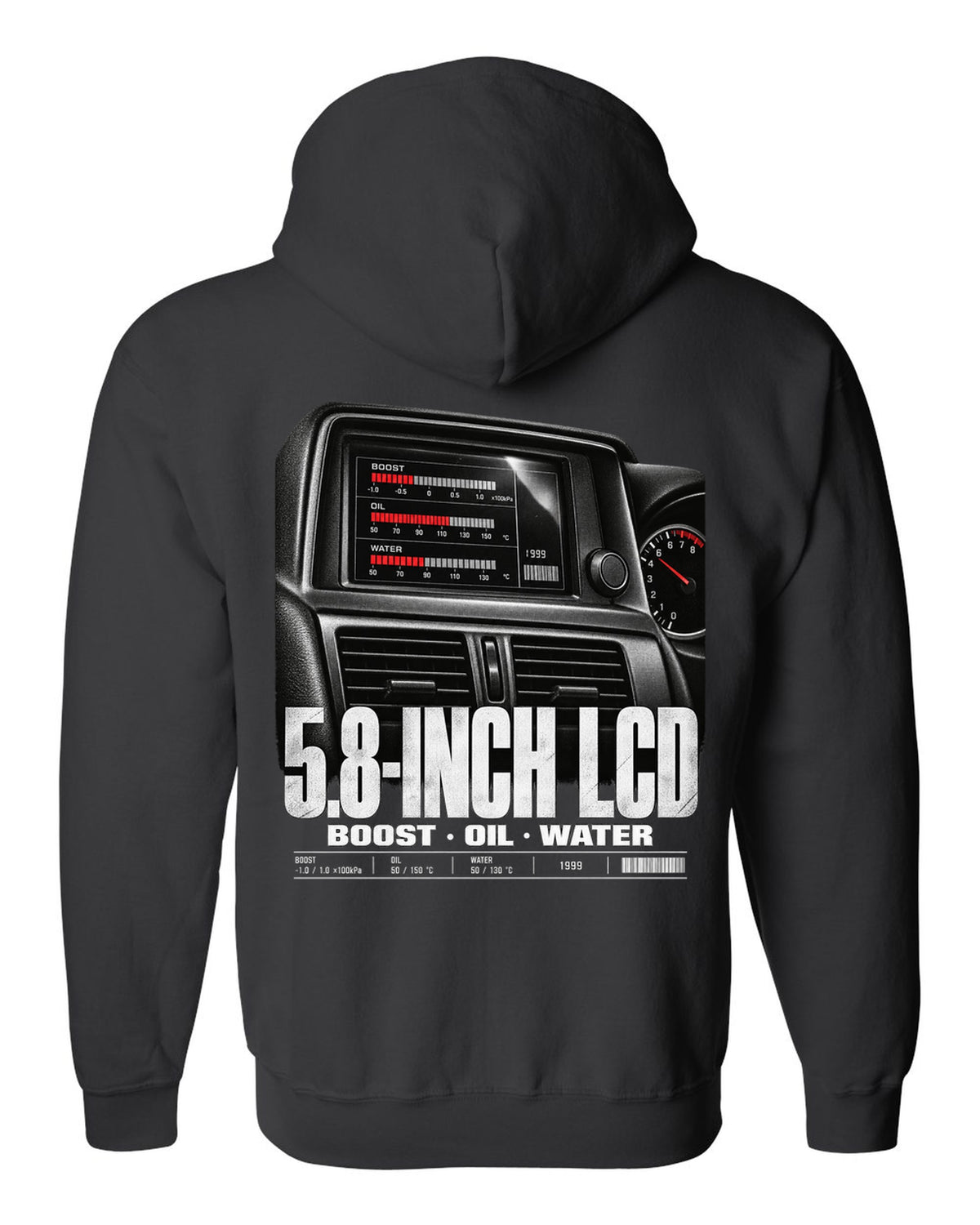 Multifunction display screen of a Nissan Skyline GT-R R34 showing boost, oil and water readings black zip hoodie back view with the design