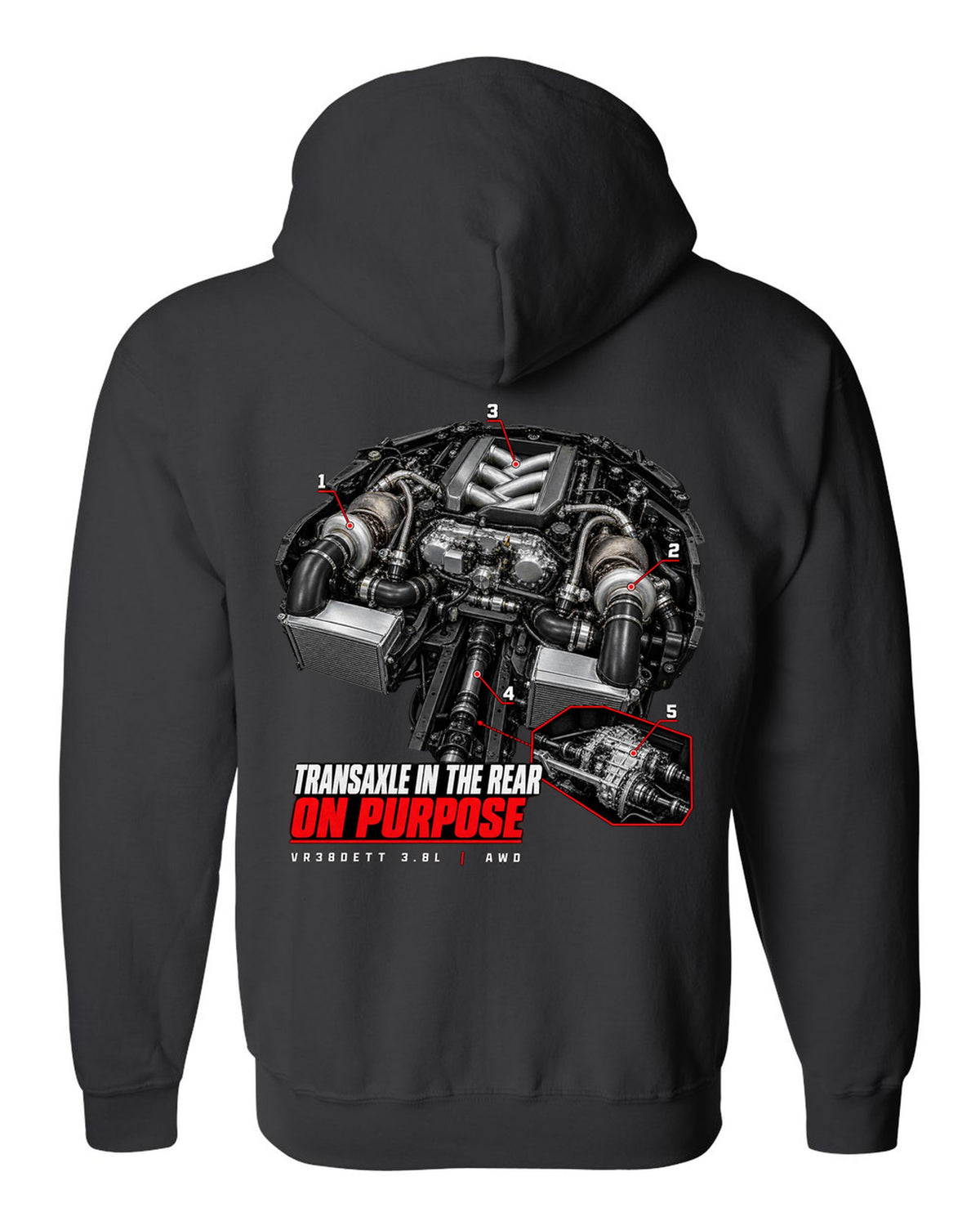 Engine hero diagram of a Nissan GT-R R35 with callout lines pointing to the rear transaxle black zip hoodie back view with the design