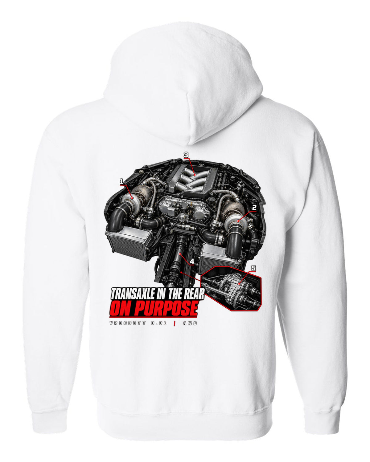 Engine hero diagram of a Nissan GT-R R35 with callout lines pointing to the rear transaxle white zip hoodie back view with the design