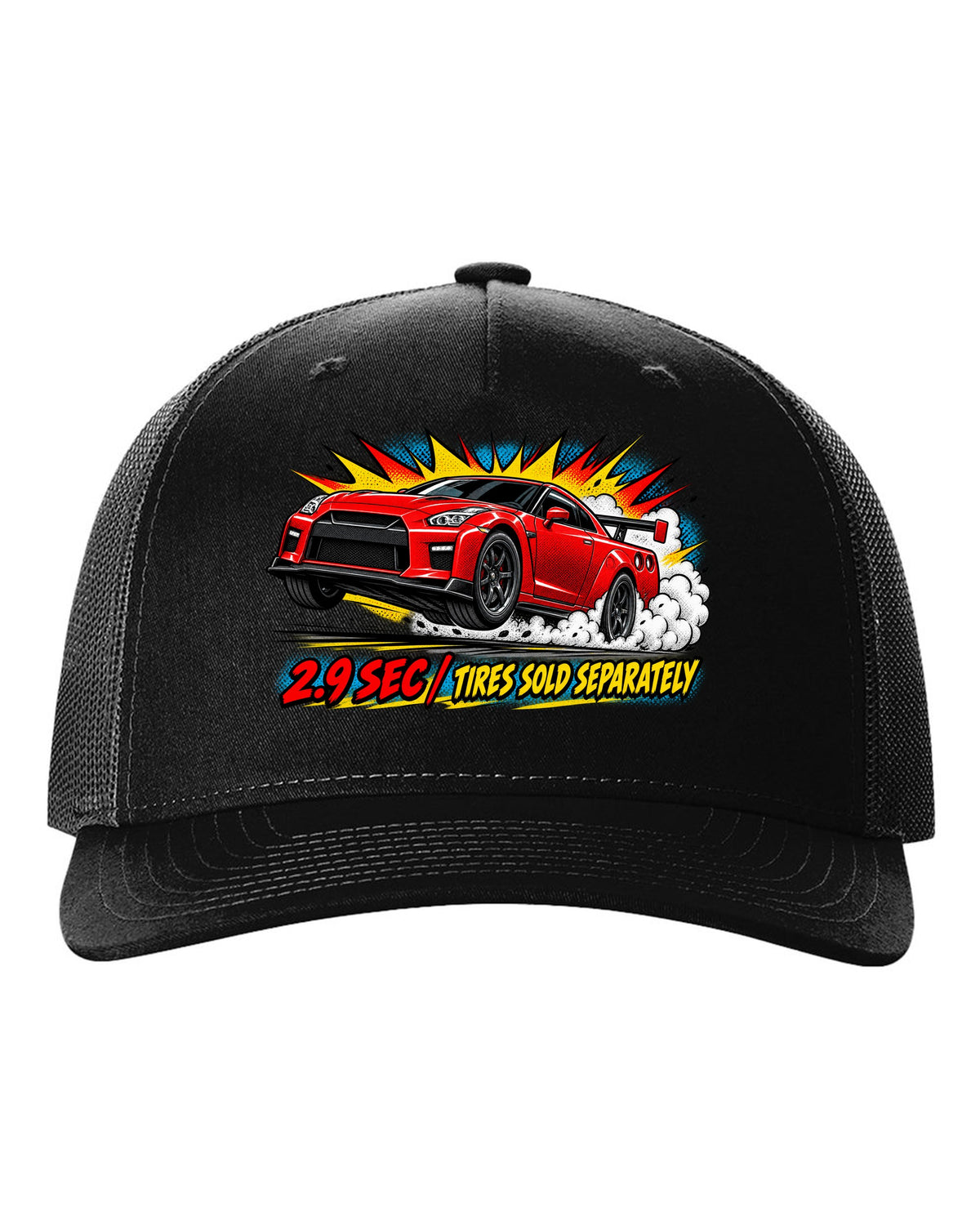 Comic halftone pop-art print of a Nissan GT-R R35 launching with 2.9 sec text black hat front view with the design