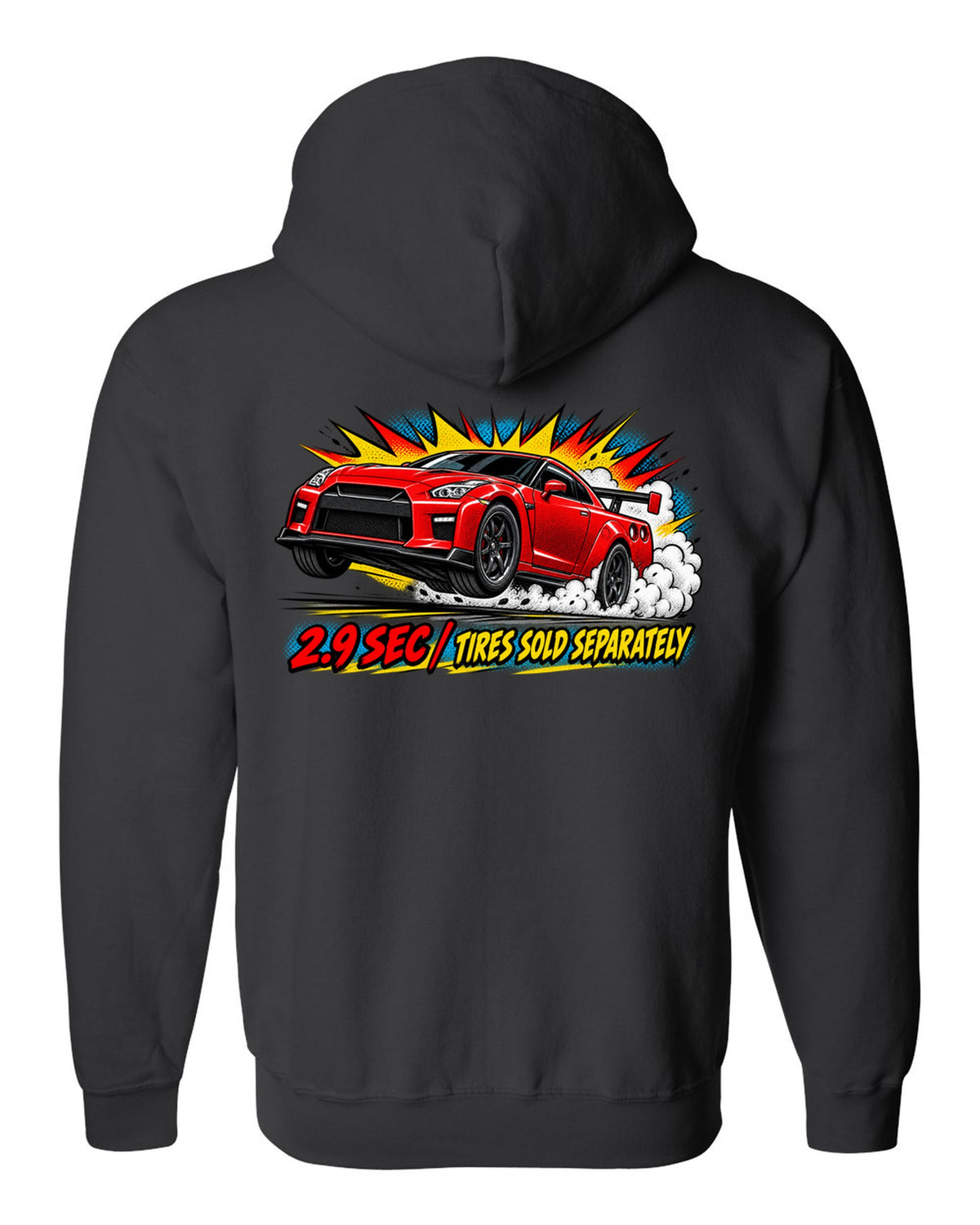 Comic halftone pop-art print of a Nissan GT-R R35 launching with 2.9 sec text black zip hoodie back view with the design