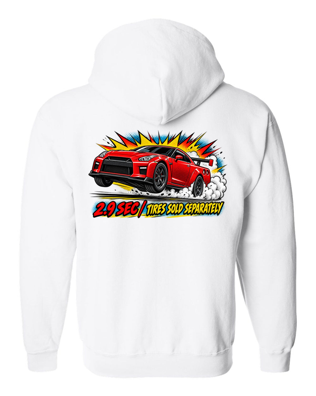 Comic halftone pop-art print of a Nissan GT-R R35 launching with 2.9 sec text white zip hoodie back view with the design