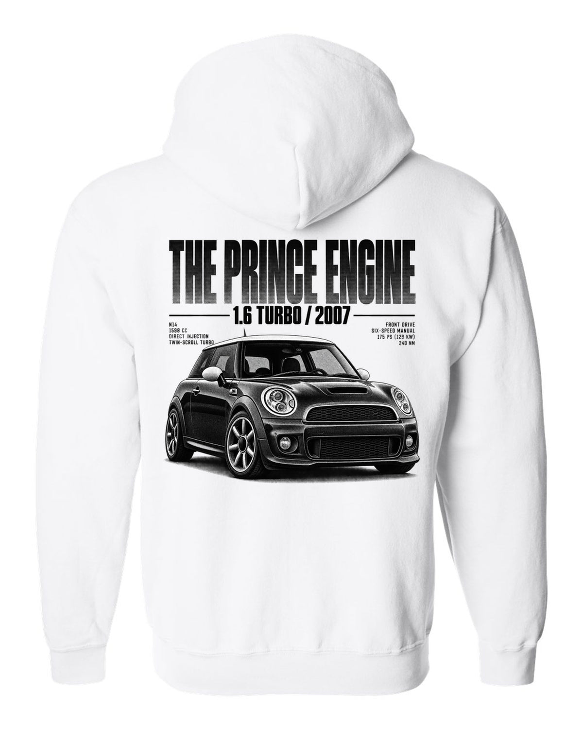 Halftone print of a Mini Cooper S R56 front three-quarter low angle with Prince engine text white zip hoodie back view with the design