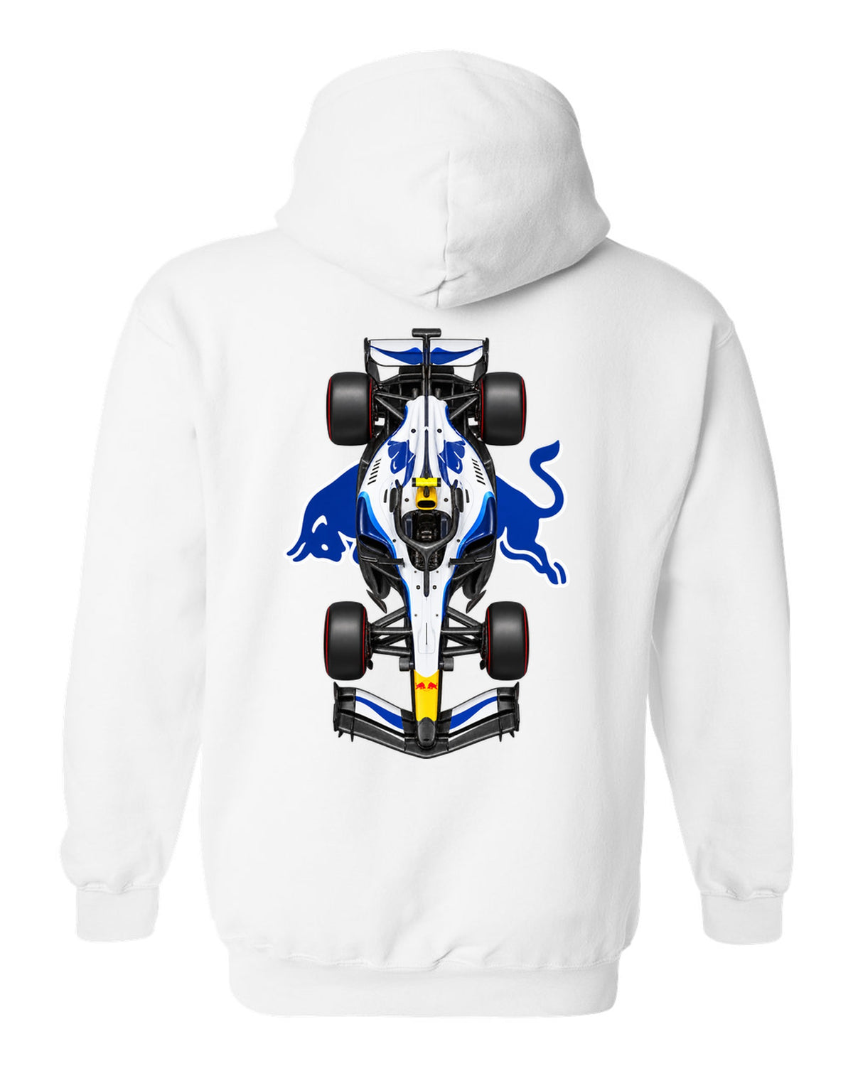 Racing Bulls VCARB 03 Formula 1 overhead poster artwork white pull over hoodie back view with the design