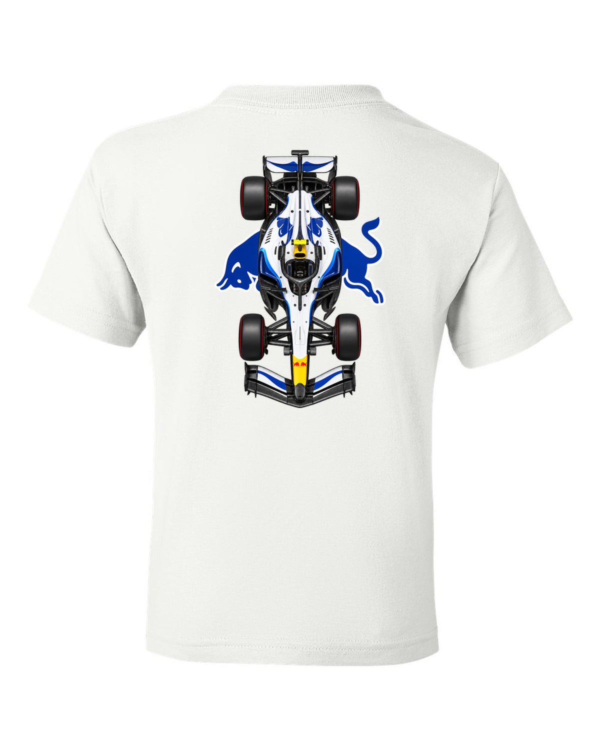 Racing Bulls VCARB 03 Formula 1 overhead poster artwork white kids tee back view with the design