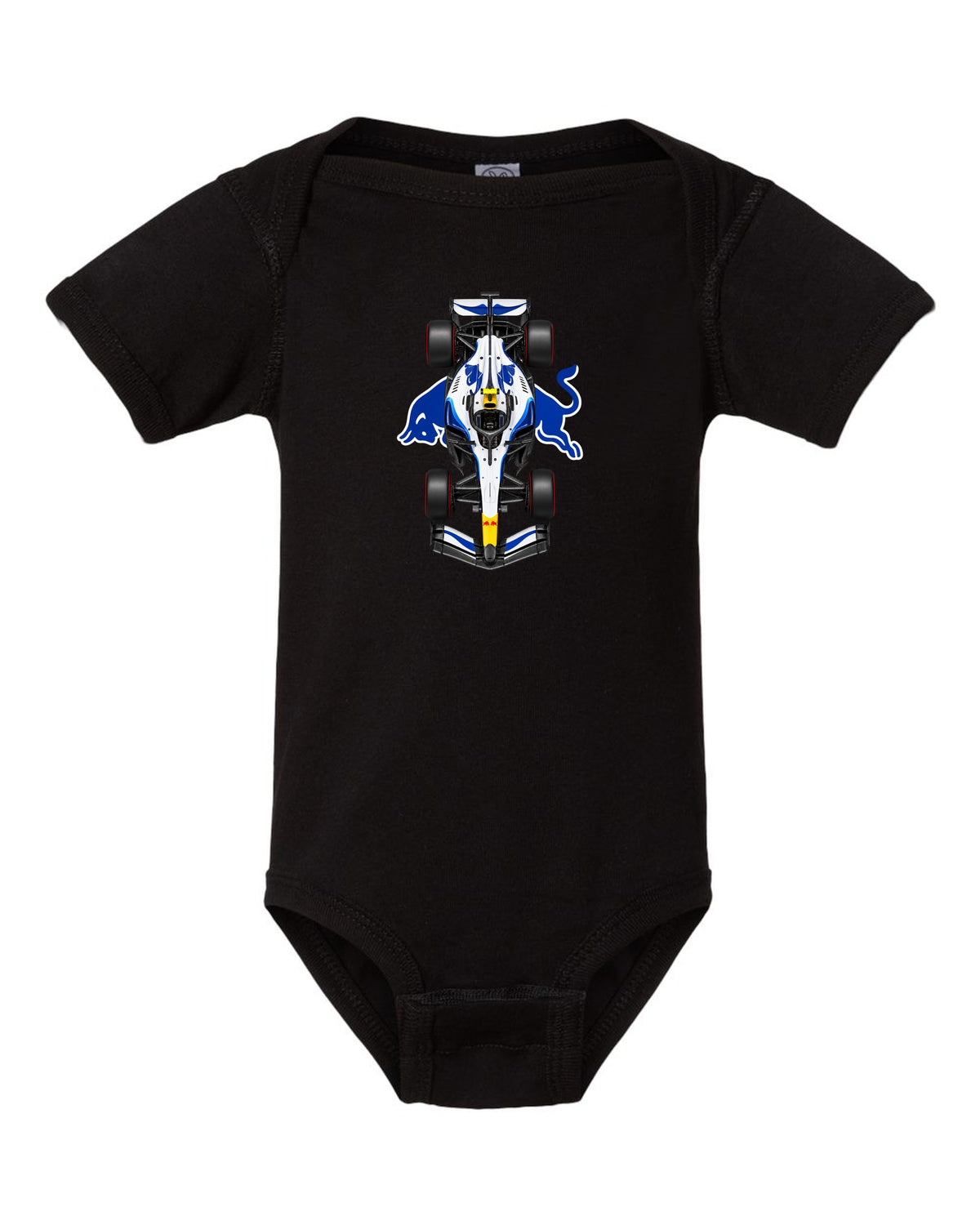 Racing Bulls VCARB 03 Formula 1 overhead poster artwork black baby onesie front view with the design