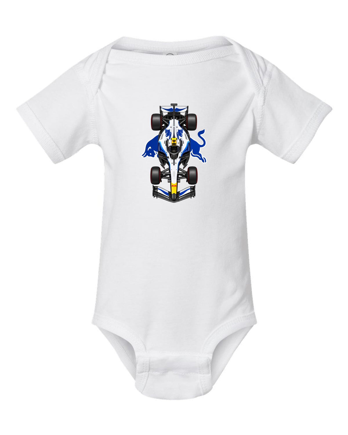 Racing Bulls VCARB 03 Formula 1 overhead poster artwork white baby onesie front view with the design