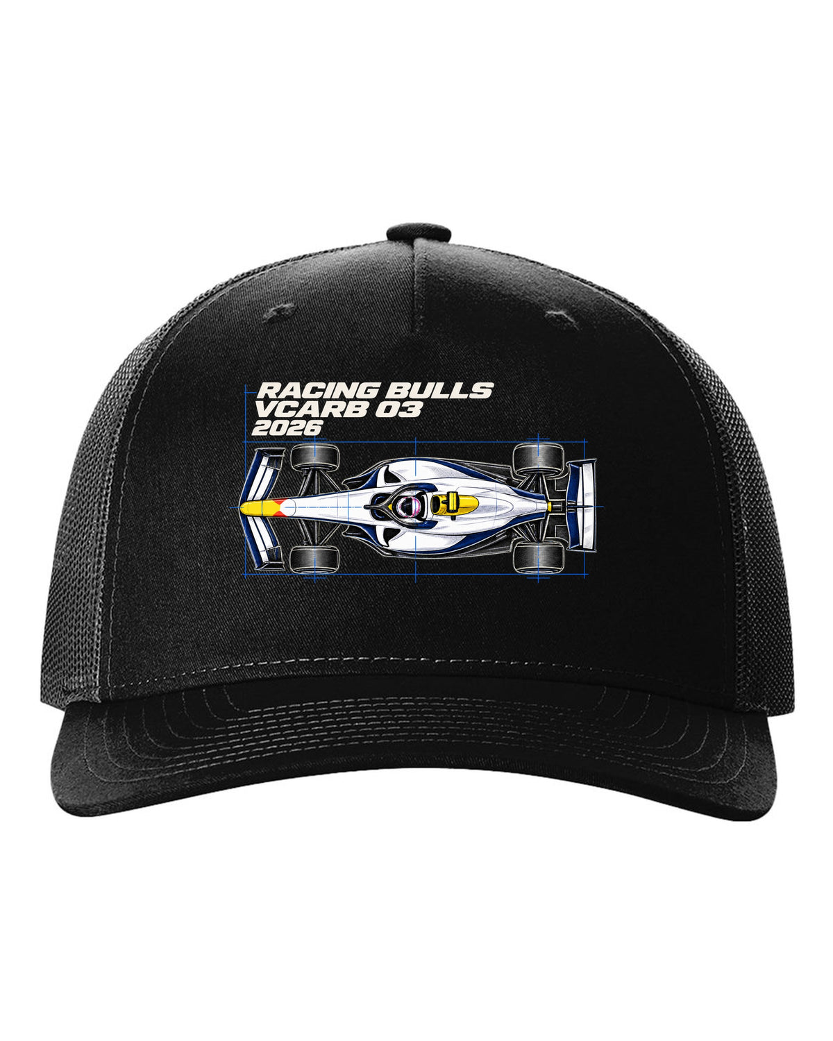Racing Bulls VCARB 03 2026 F1 car technical poster artwork black hat front view with the design