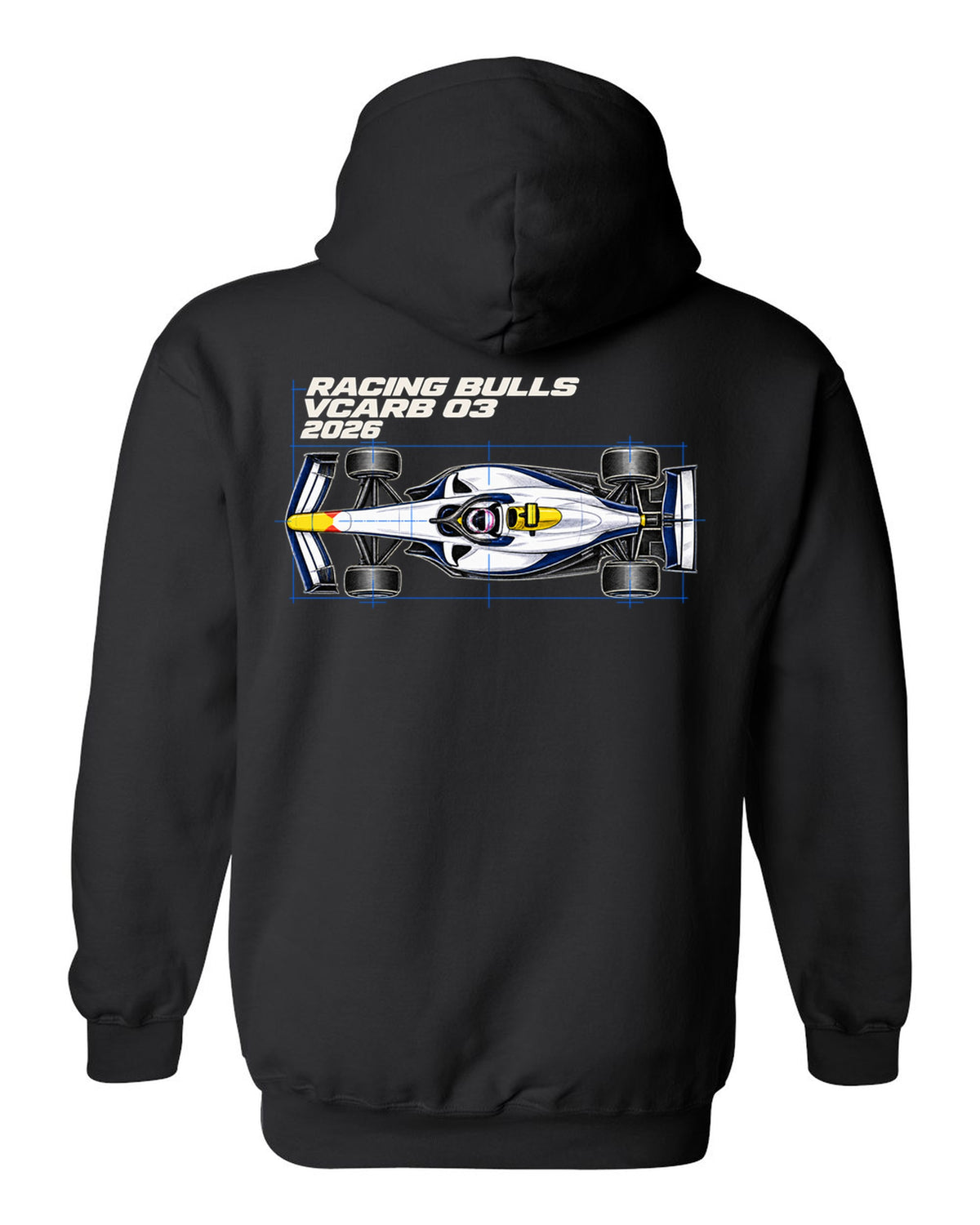 Racing Bulls VCARB 03 2026 F1 car technical poster artwork black pull over hoodie back view with the design