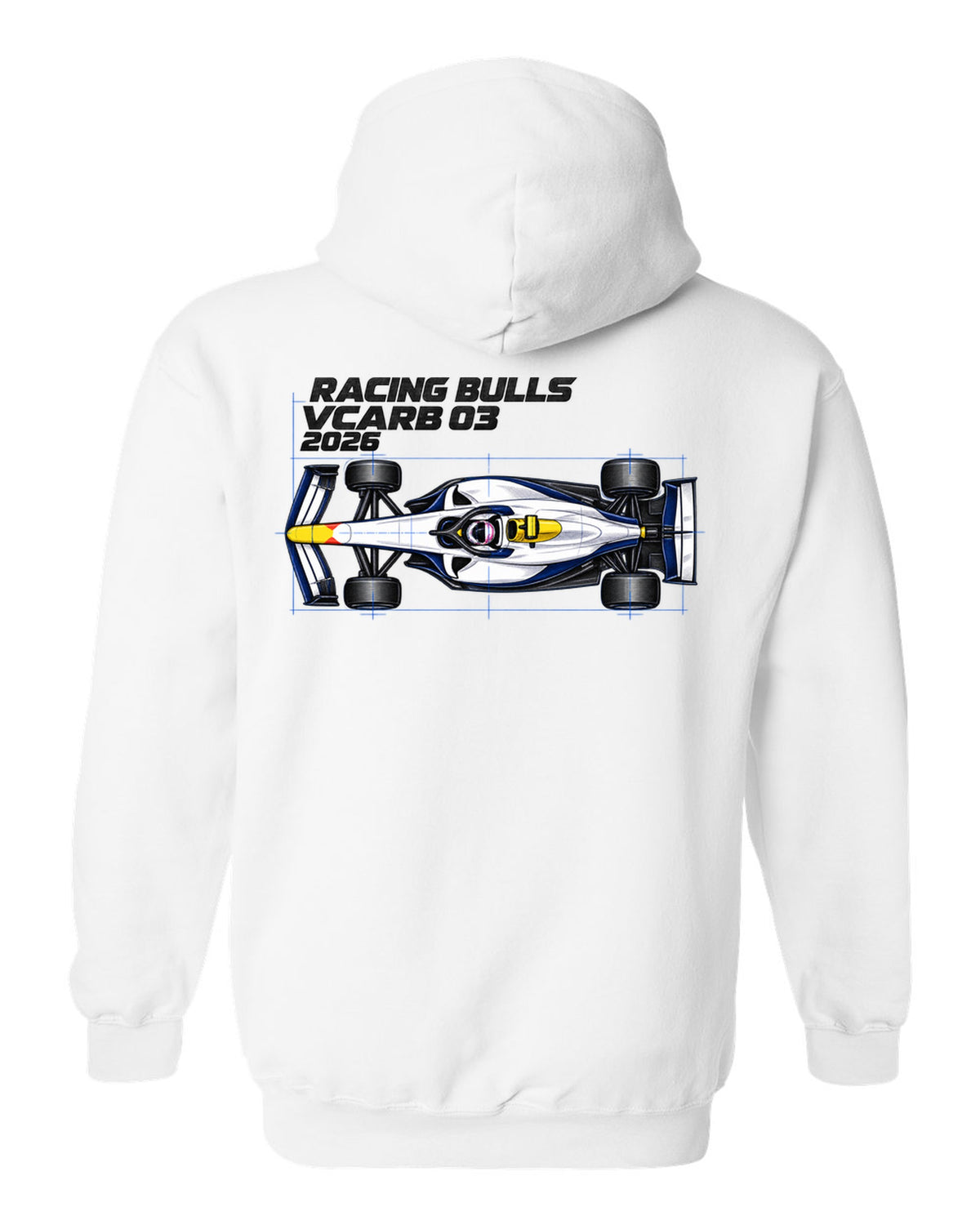 Racing Bulls VCARB 03 2026 F1 car technical poster artwork white pull over hoodie back view with the design