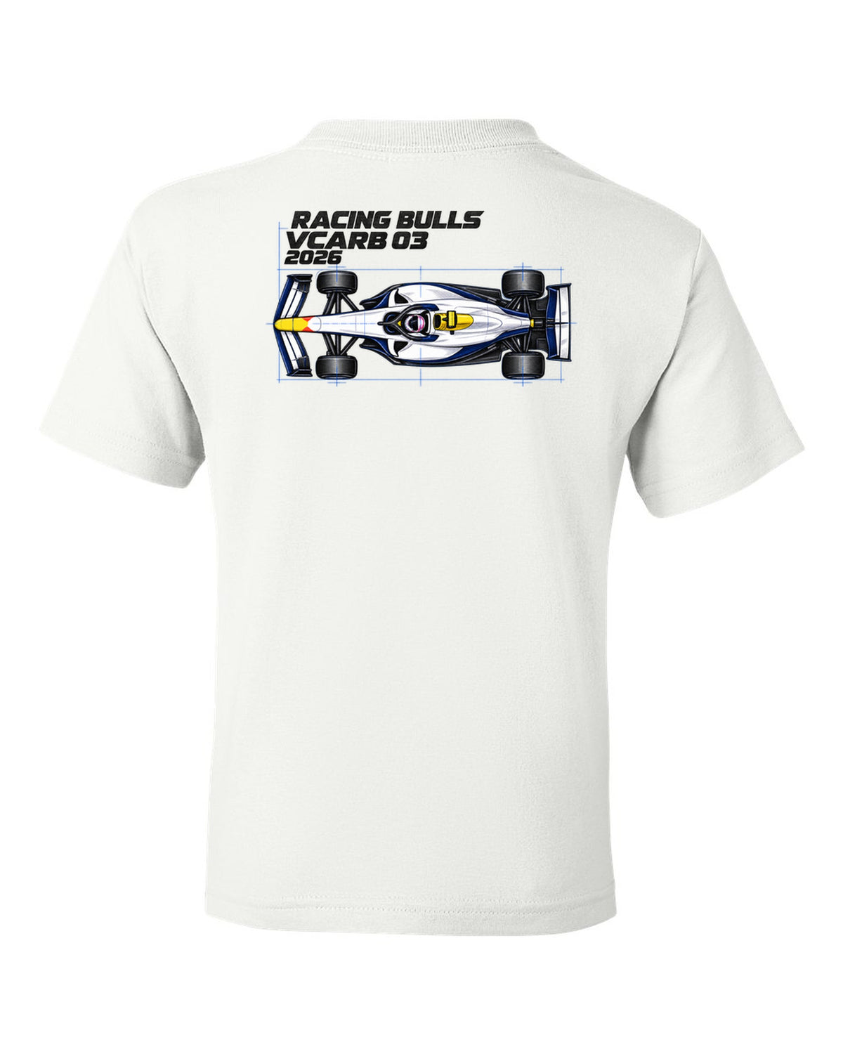 Racing Bulls VCARB 03 2026 F1 car technical poster artwork white kids tee back view with the design