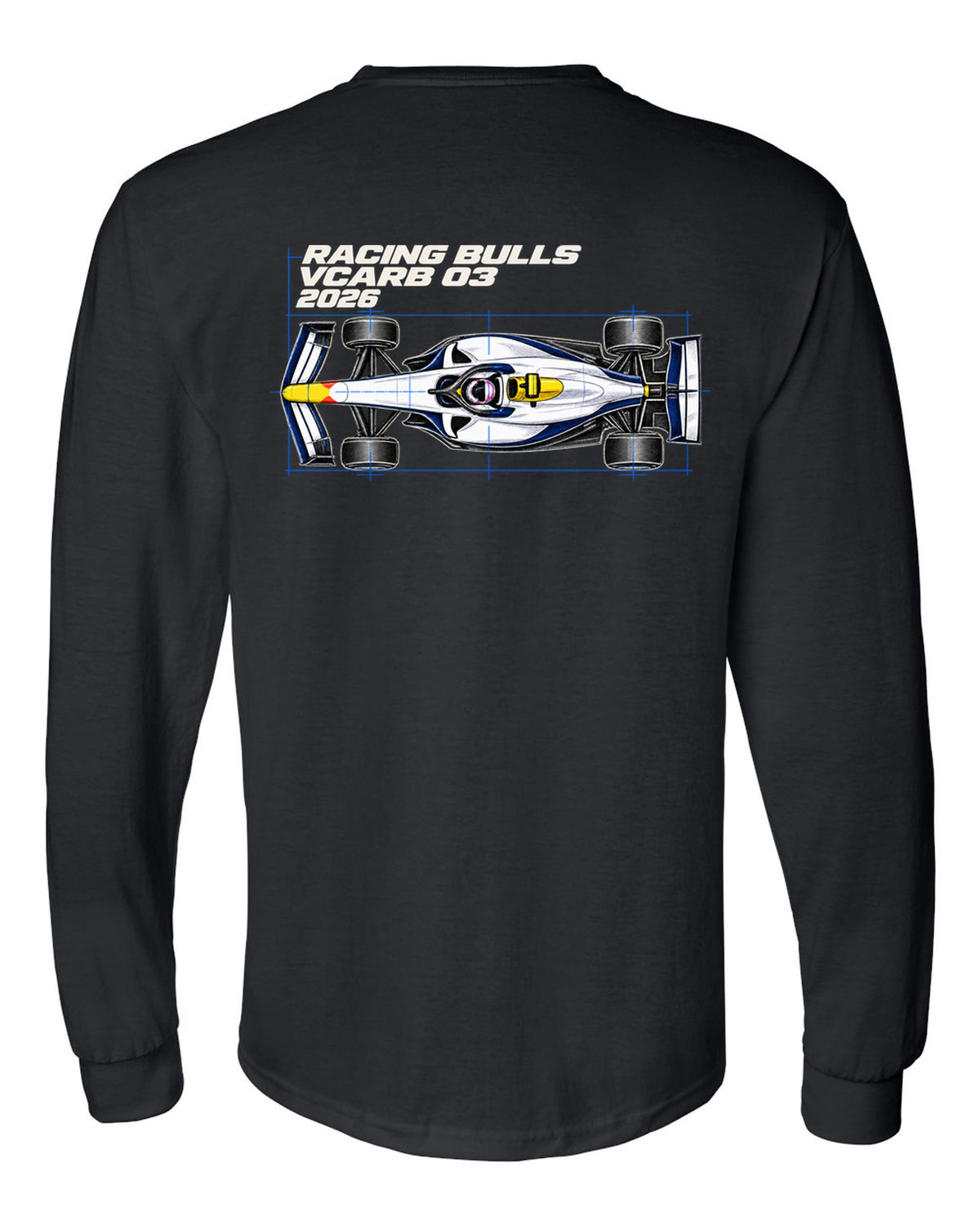 Racing Bulls VCARB 03 2026 F1 car technical poster artwork black long sleeve back view with the design