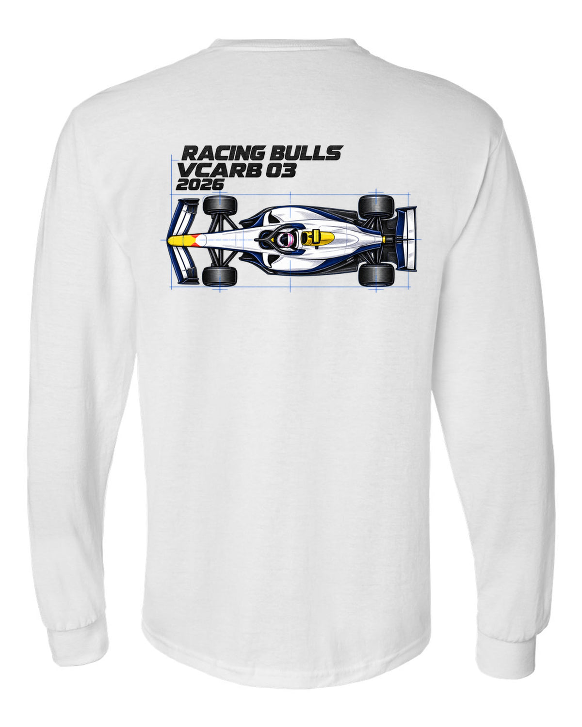 Racing Bulls VCARB 03 2026 F1 car technical poster artwork white long sleeve back view with the design