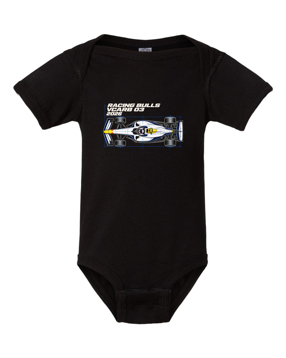 Racing Bulls VCARB 03 2026 F1 car technical poster artwork black baby onesie front view with the design