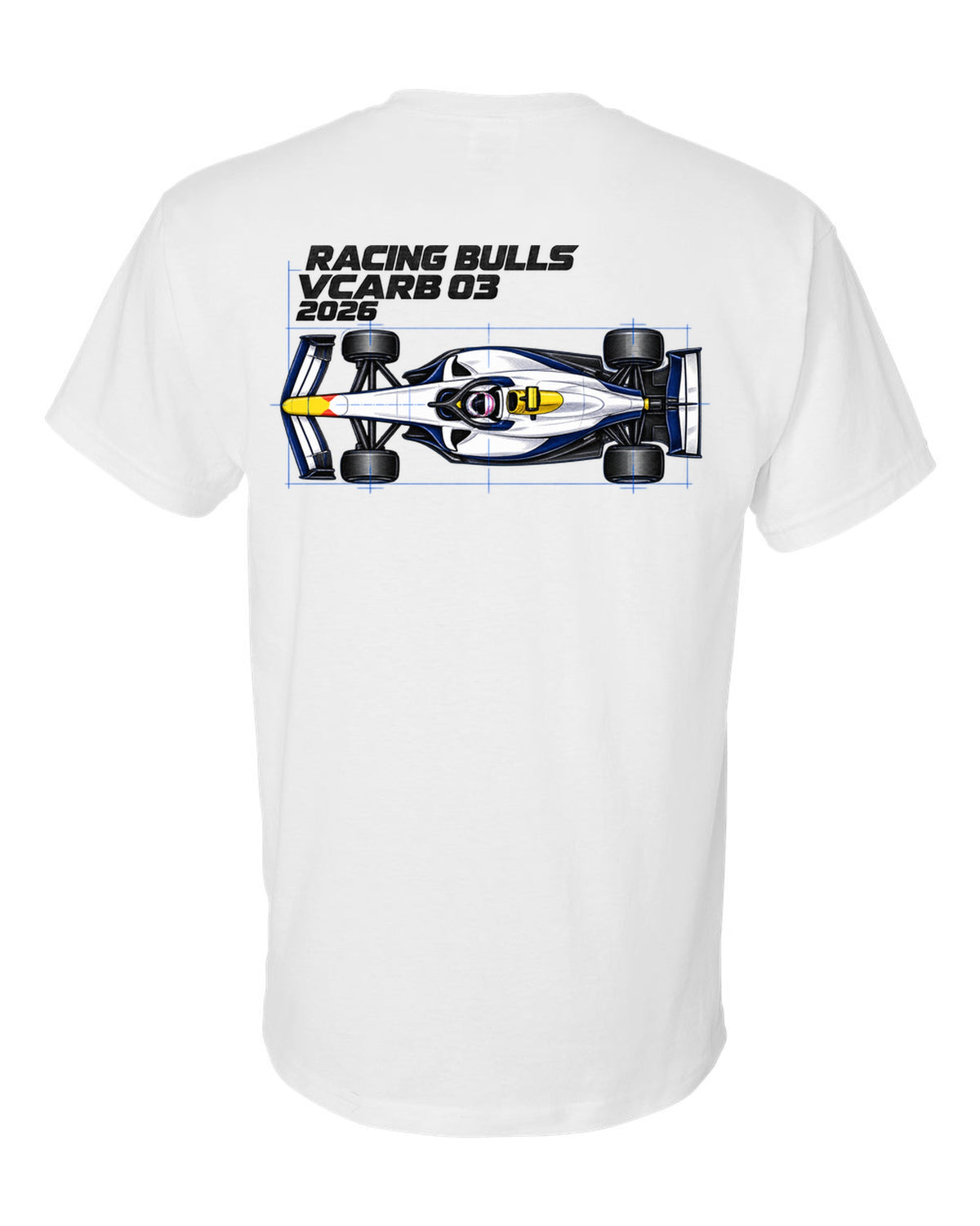 Racing Bulls VCARB 03 2026 F1 car technical poster artwork white t-shirt back view with the design