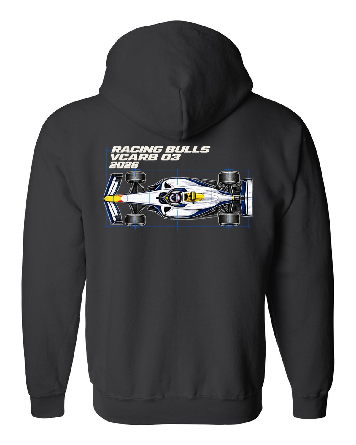 Racing Bulls VCARB 03 2026 F1 car technical poster artwork black zip hoodie back view with the design