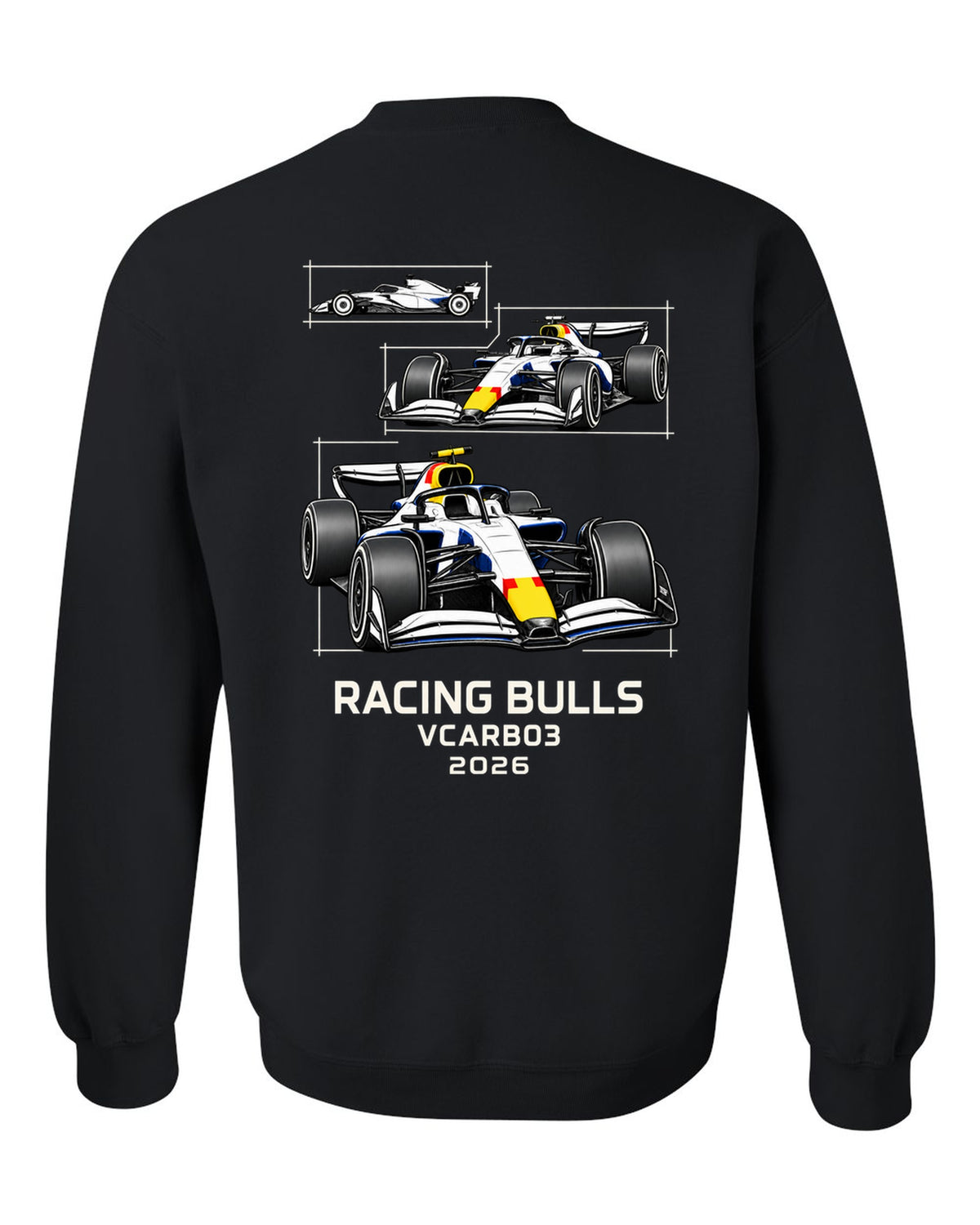 Racing Bulls VCARB 03 2026 F1 car technical poster artwork black crewneck back view with the design