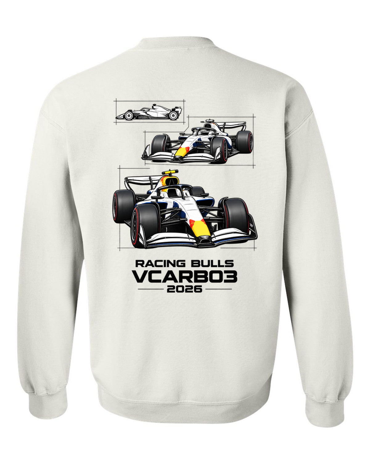 Racing Bulls VCARB 03 2026 F1 car technical poster artwork white crewneck back view with the design