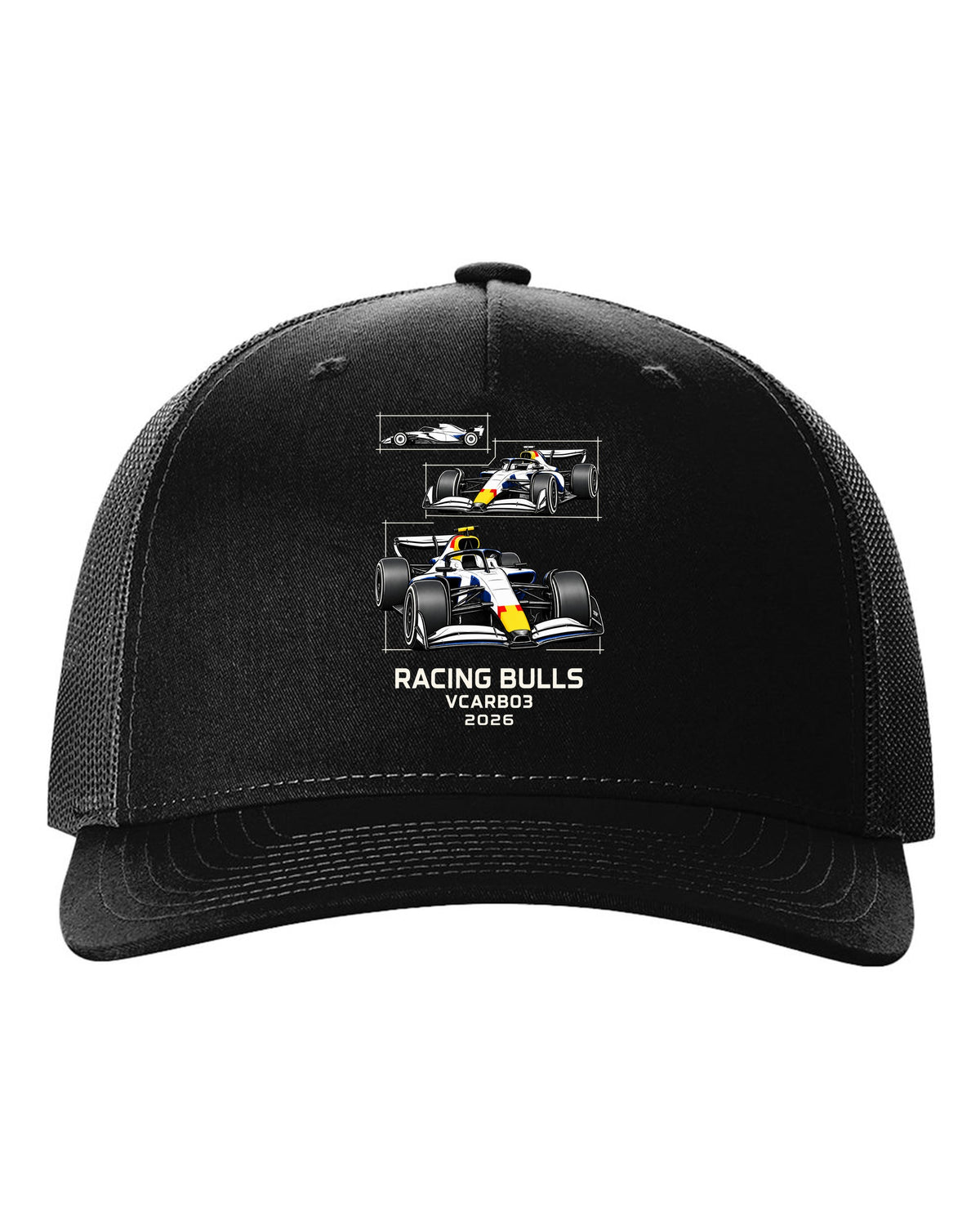 Racing Bulls VCARB 03 2026 F1 car technical poster artwork black hat front view with the design