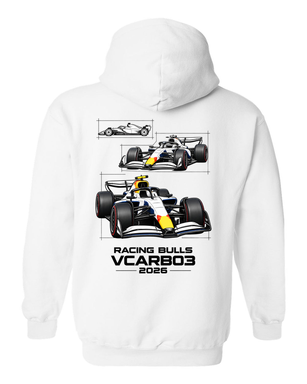 Racing Bulls VCARB 03 2026 F1 car technical poster artwork white pull over hoodie back view with the design
