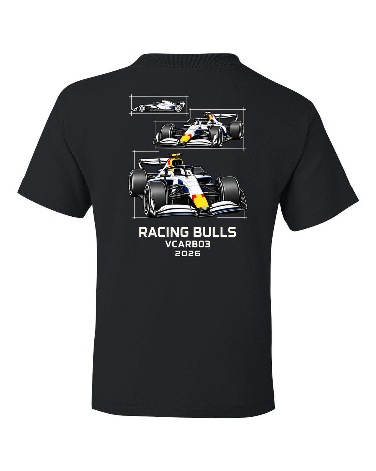 Racing Bulls VCARB 03 2026 F1 car technical poster artwork black kids tee back view with the design