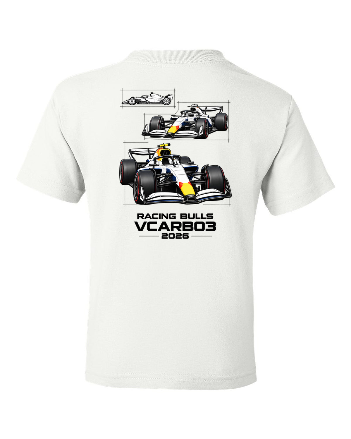 Racing Bulls VCARB 03 2026 F1 car technical poster artwork white kids tee back view with the design
