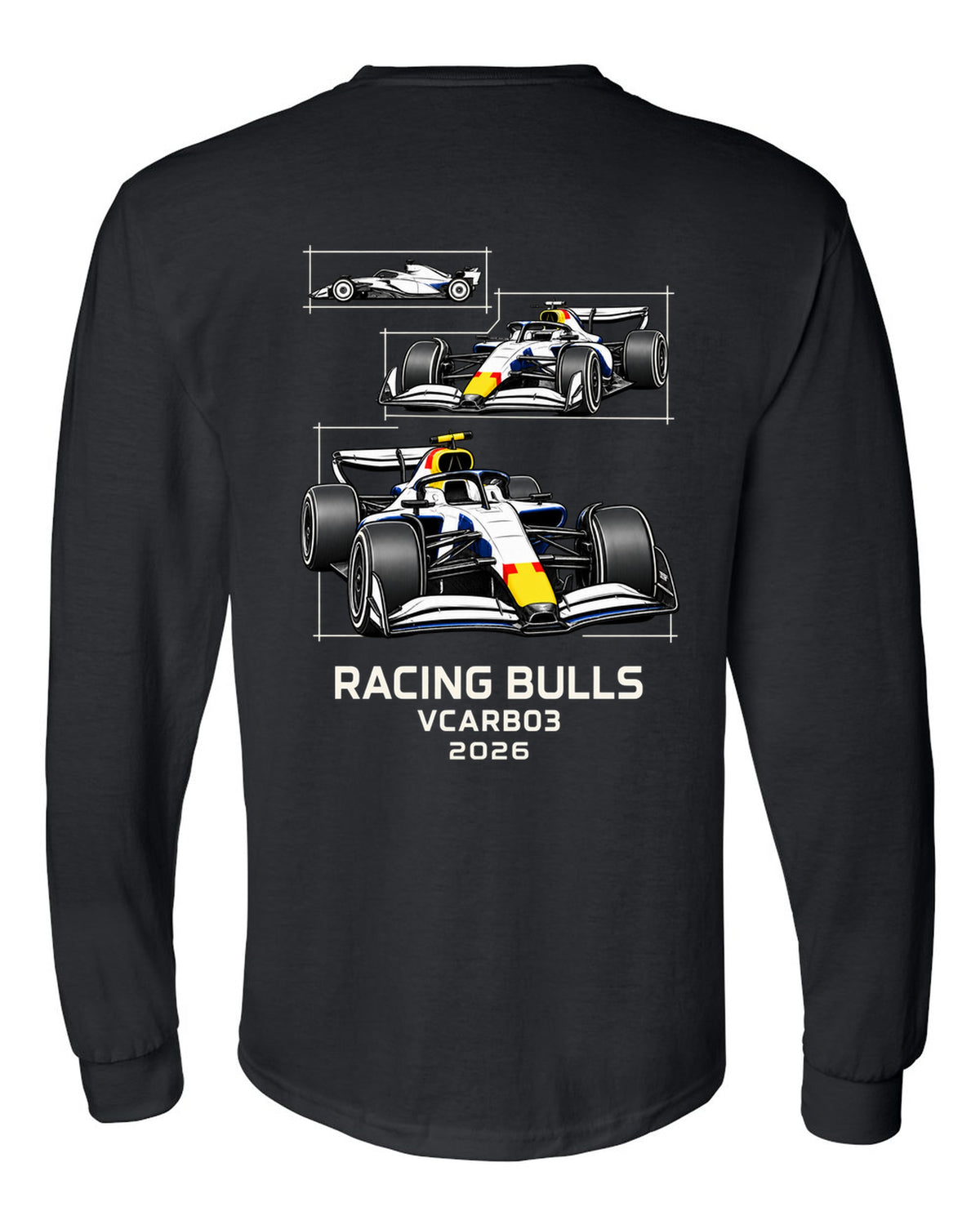 Racing Bulls VCARB 03 2026 F1 car technical poster artwork black long sleeve back view with the design