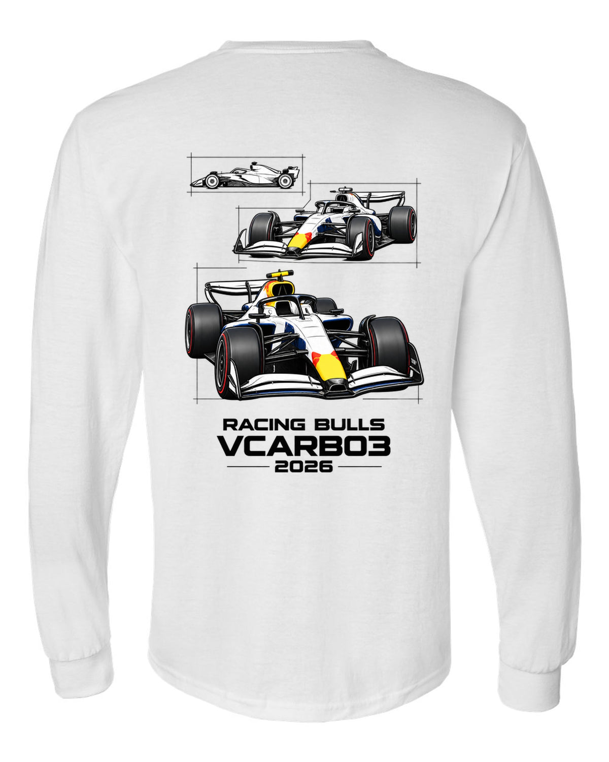 Racing Bulls VCARB 03 2026 F1 car technical poster artwork white long sleeve back view with the design
