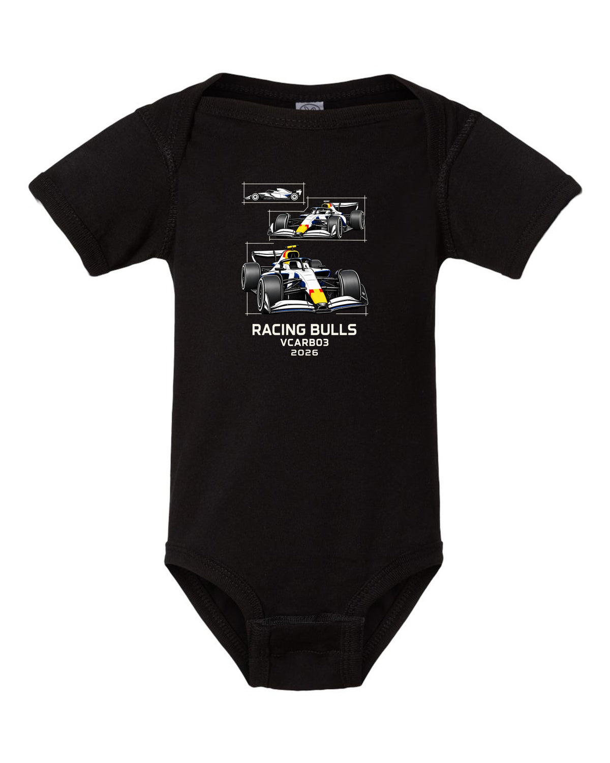 Racing Bulls VCARB 03 2026 F1 car technical poster artwork black baby onesie front view with the design