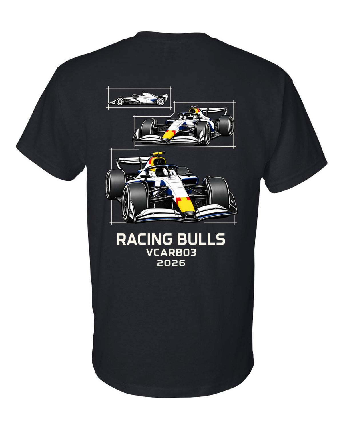Racing Bulls VCARB 03 2026 F1 car technical poster artwork black t-shirt back view with the design