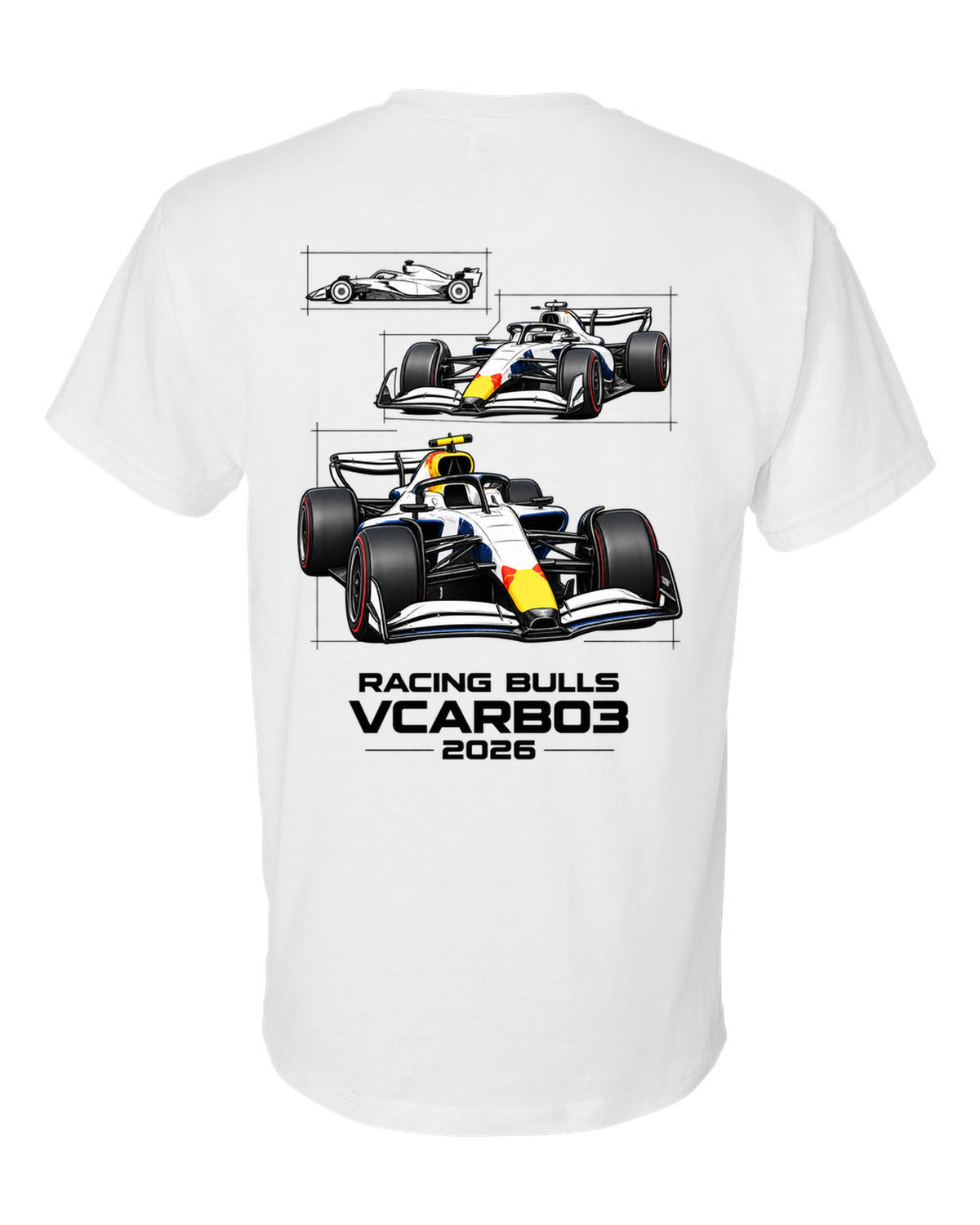 Racing Bulls VCARB 03 2026 F1 car technical poster artwork white t-shirt back view with the design