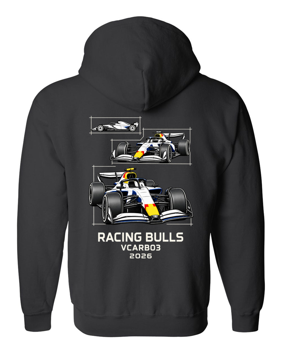 Racing Bulls VCARB 03 2026 F1 car technical poster artwork black zip hoodie back view with the design
