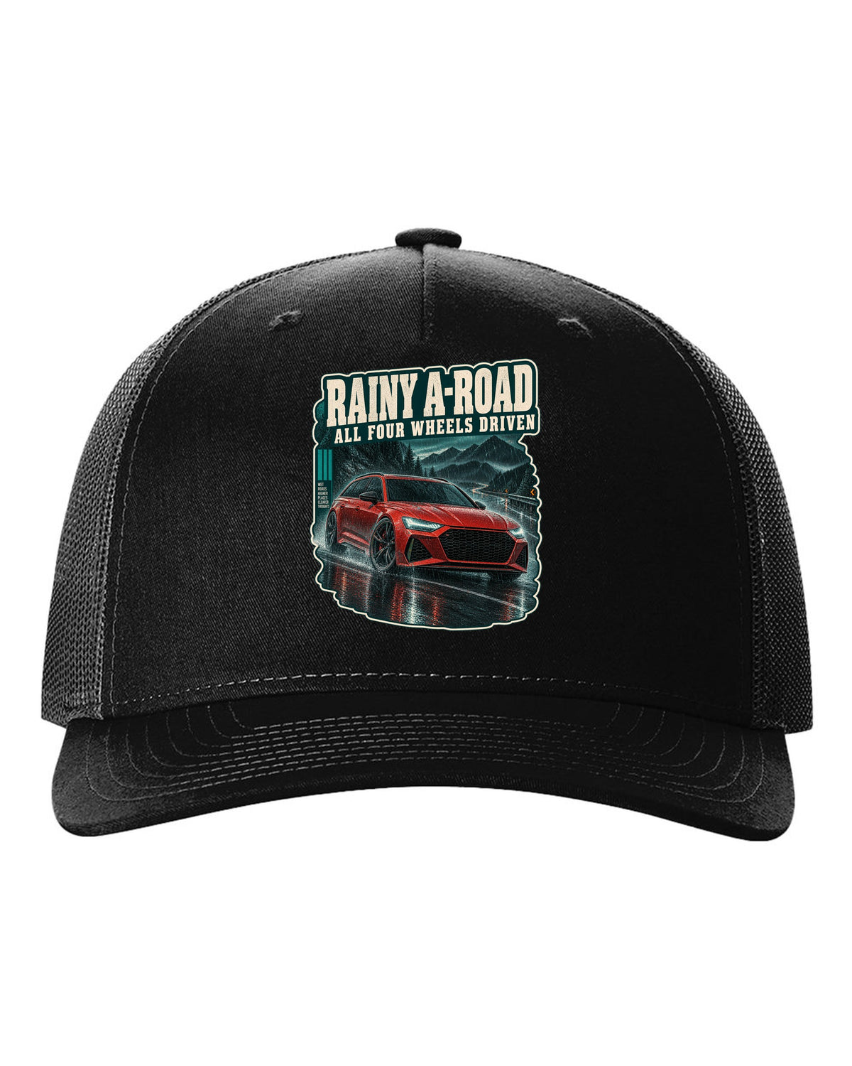 Rainy night road scene with an Audi RS6 Avant C8, all-wheel-drive caption black hat front view with the design