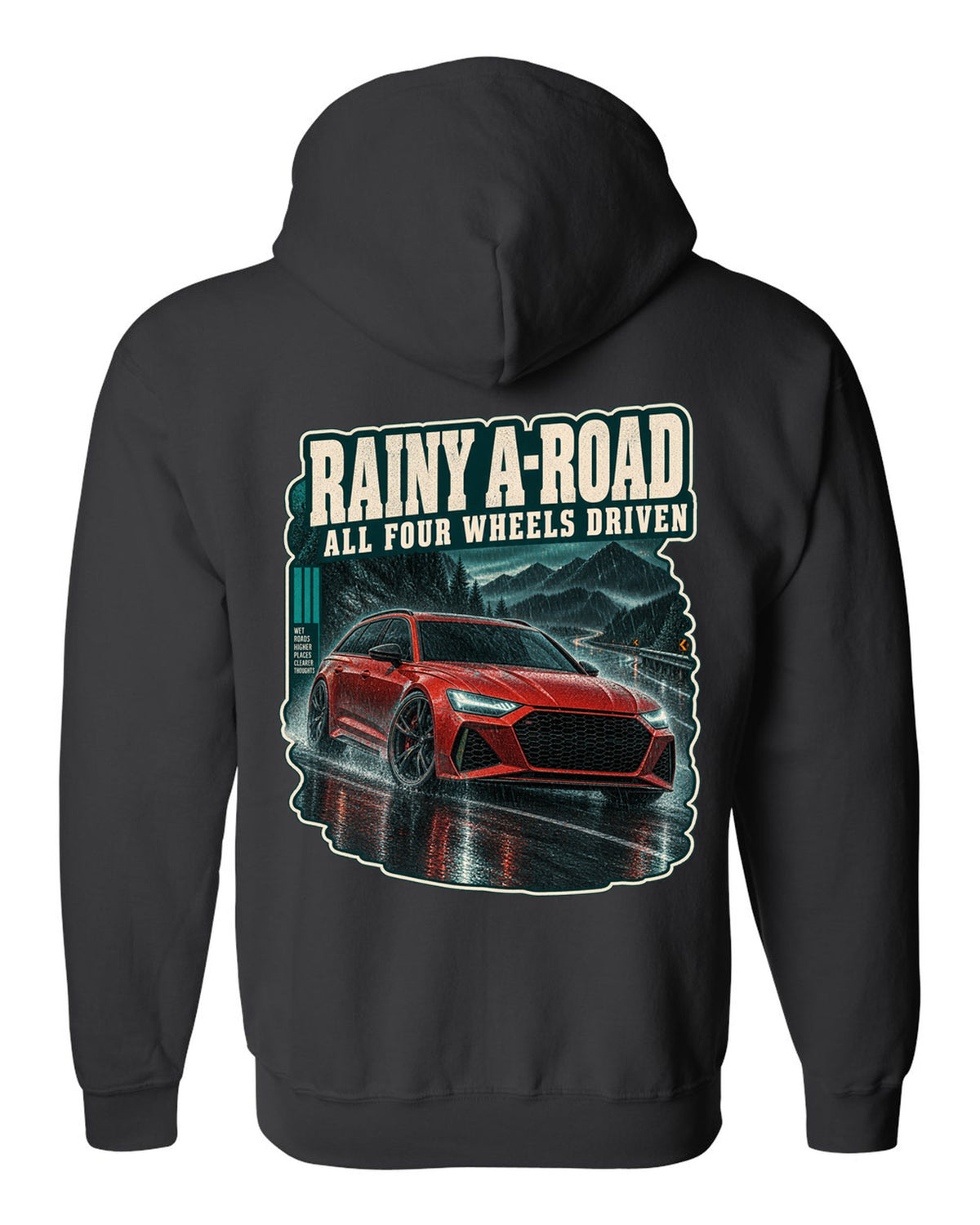 Rainy night road scene with an Audi RS6 Avant C8, all-wheel-drive caption black zip hoodie back view with the design