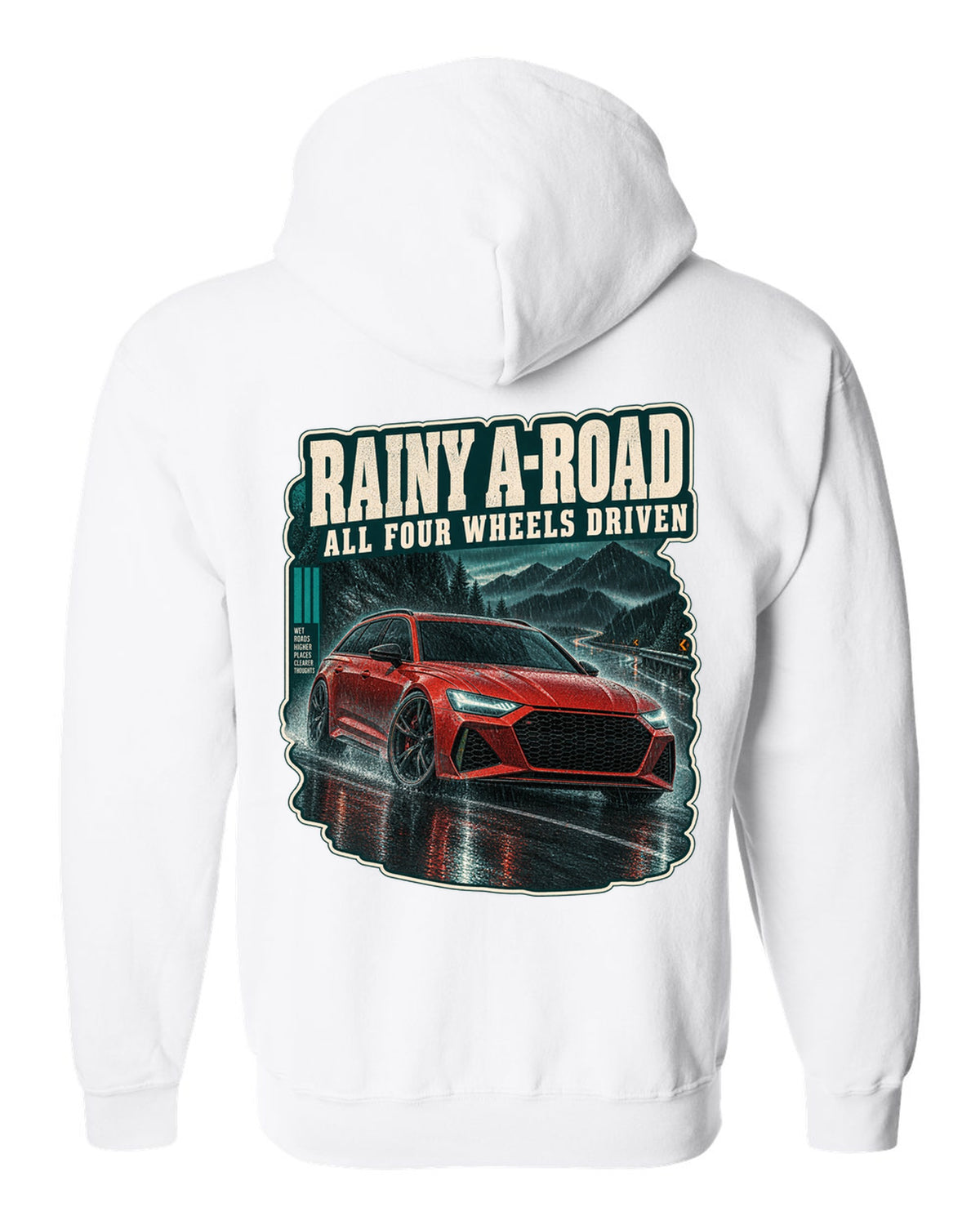 Rainy night road scene with an Audi RS6 Avant C8, all-wheel-drive caption white zip hoodie back view with the design