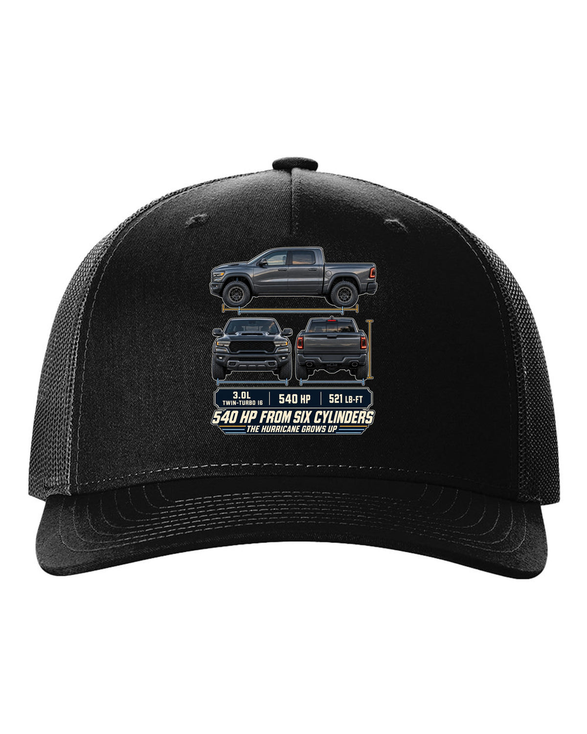 Ram 1500 RHO 2025 three-view drawing with spec table print black hat front view with the design