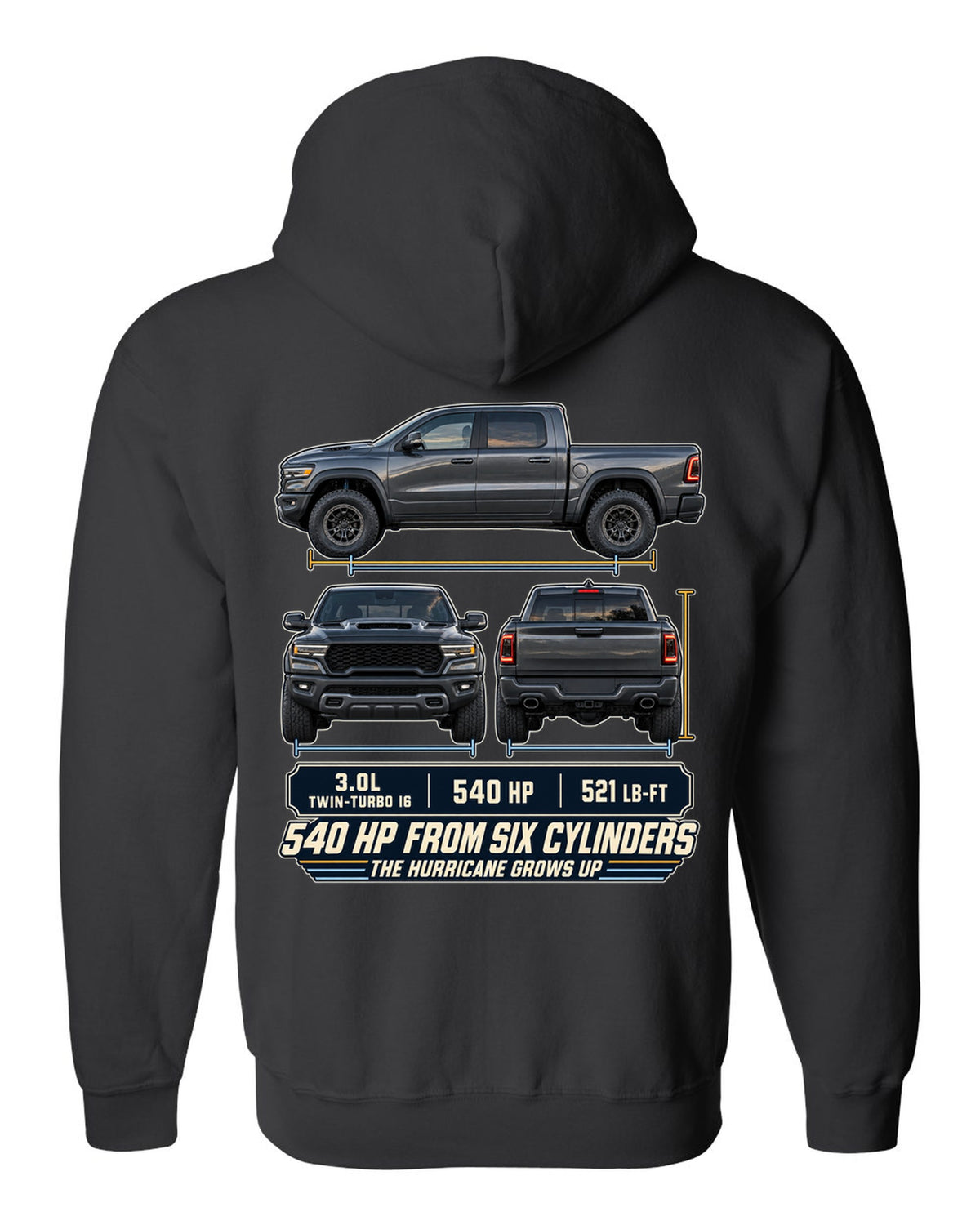 Ram 1500 RHO 2025 three-view drawing with spec table print black zip hoodie back view with the design