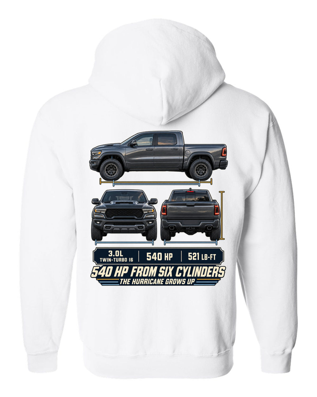 Ram 1500 RHO 2025 three-view drawing with spec table print white zip hoodie back view with the design