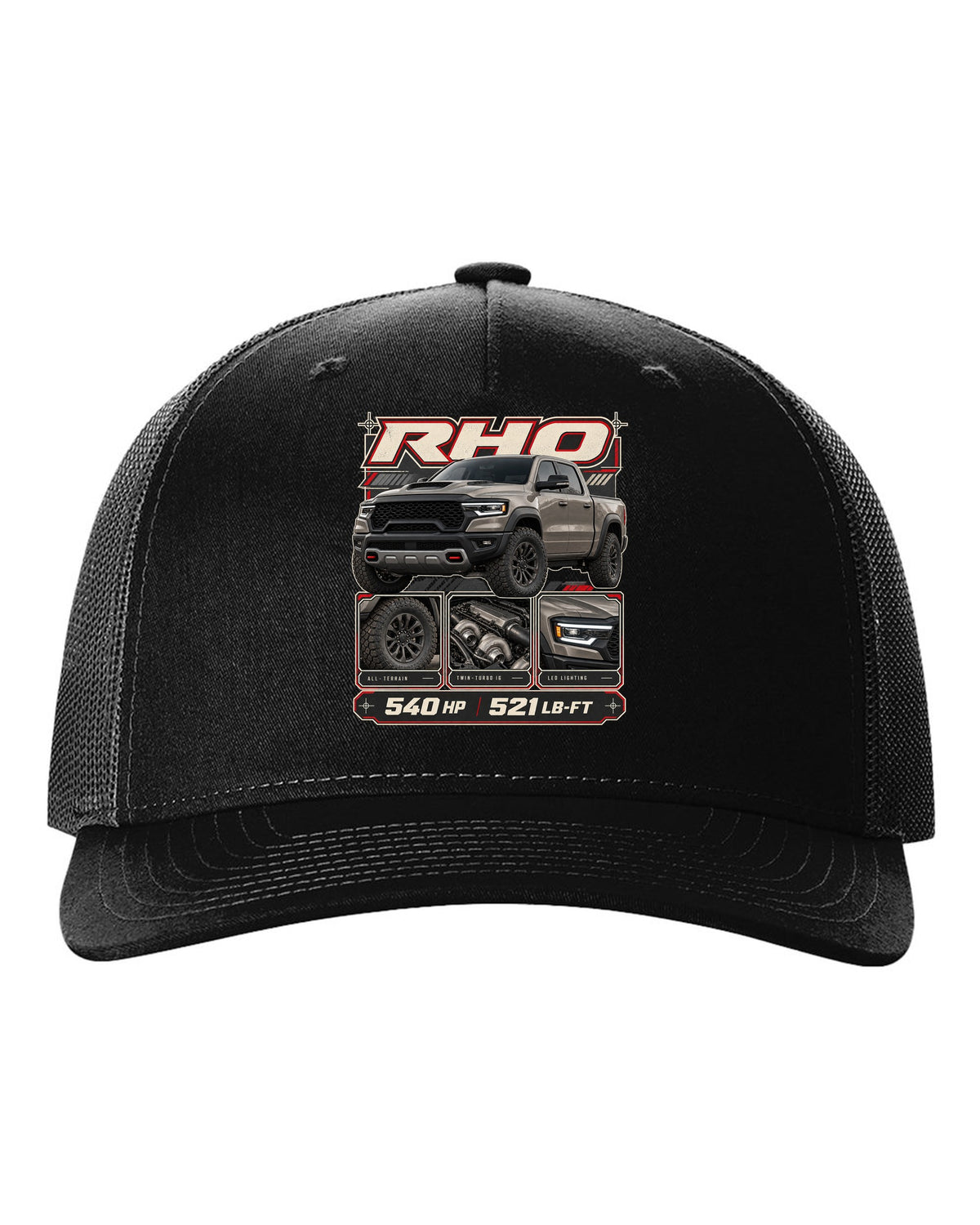 Ram 1500 RHO 2025 dossier panels with horsepower and torque print black hat front view with the design
