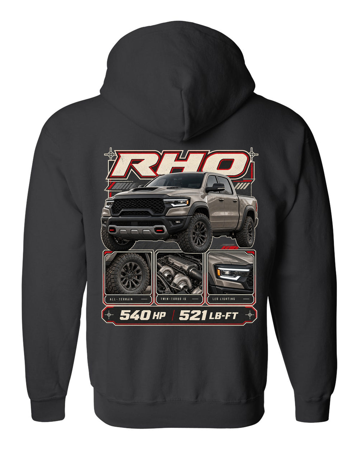 Ram 1500 RHO 2025 dossier panels with horsepower and torque print black zip hoodie back view with the design