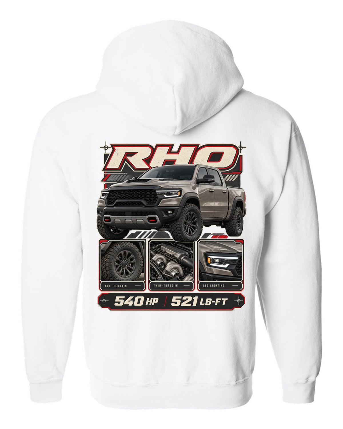 Ram 1500 RHO 2025 dossier panels with horsepower and torque print white zip hoodie back view with the design
