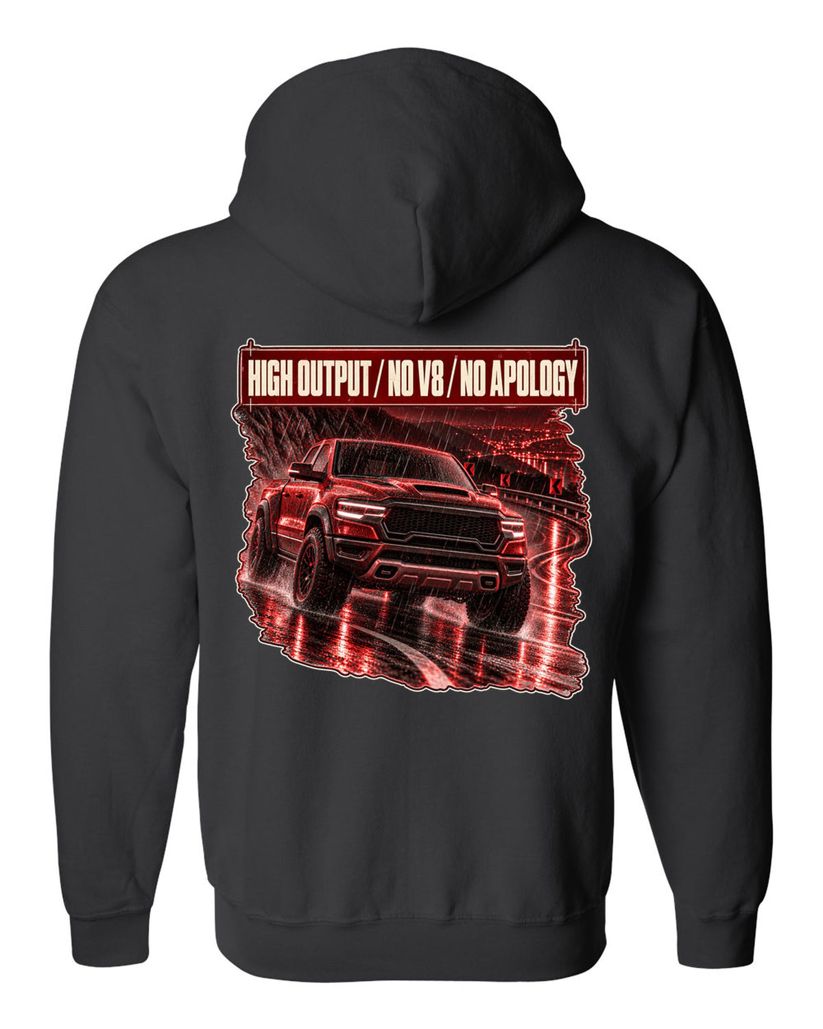 Ram 1500 RHO 2025 night street poster print black zip hoodie back view with the design