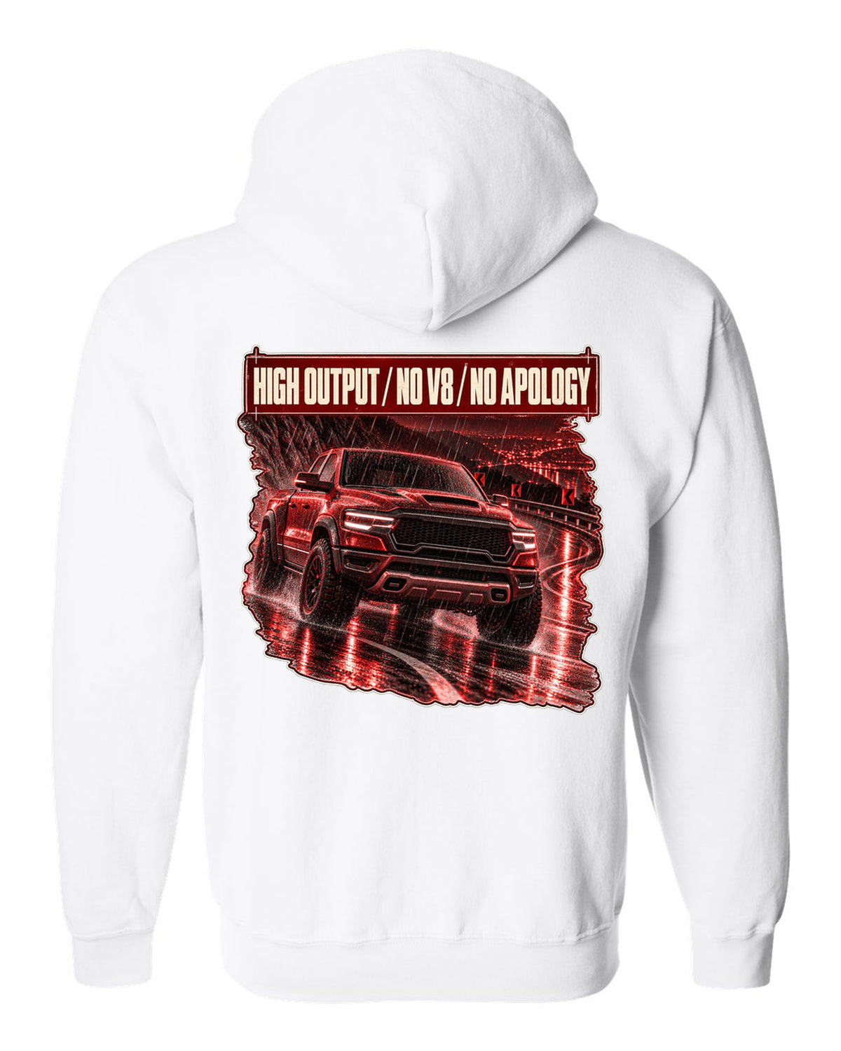 Ram 1500 RHO 2025 night street poster print white zip hoodie back view with the design