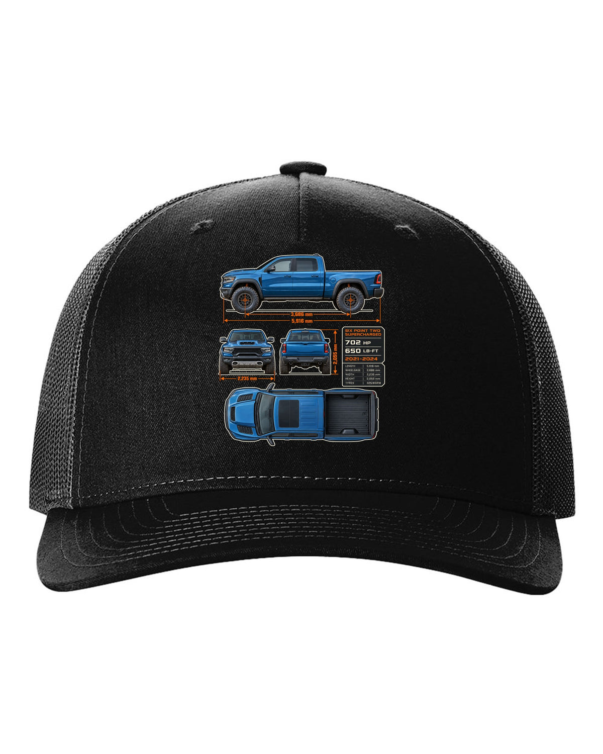 Ram 1500 TRX 2021-2024 dimension blueprint plate print black hat front view with the design