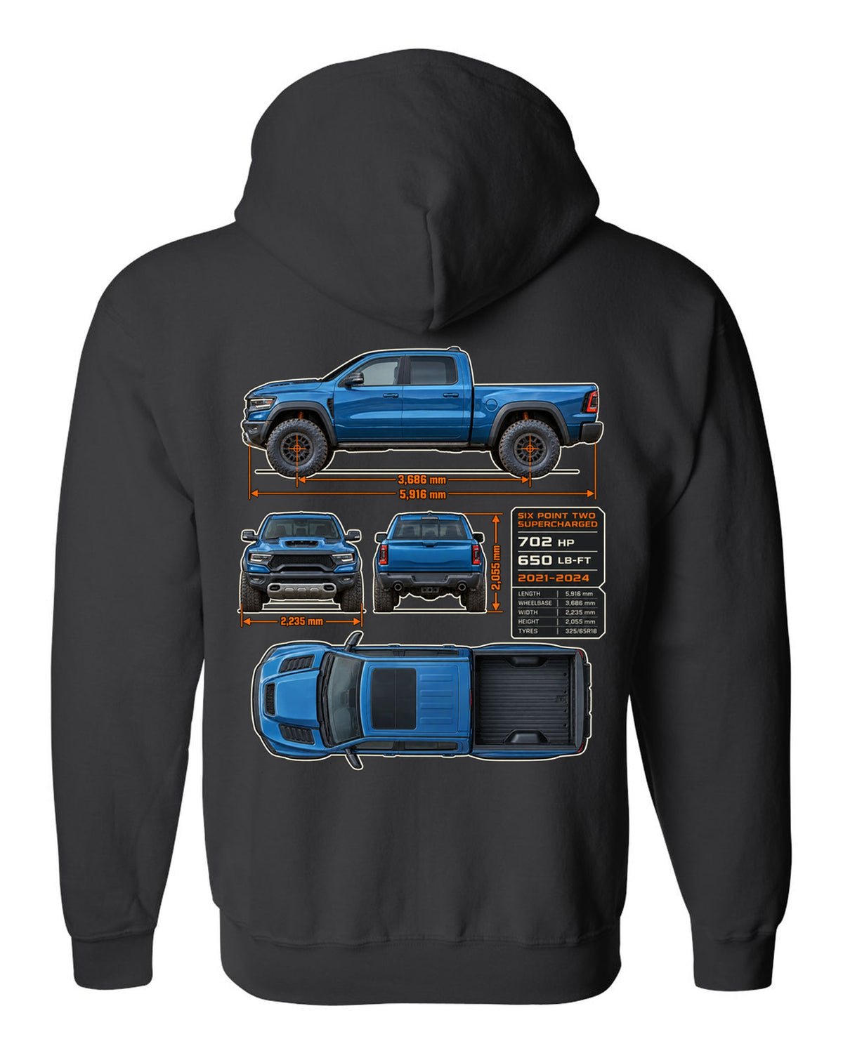 Ram 1500 TRX 2021-2024 dimension blueprint plate print black zip hoodie back view with the design